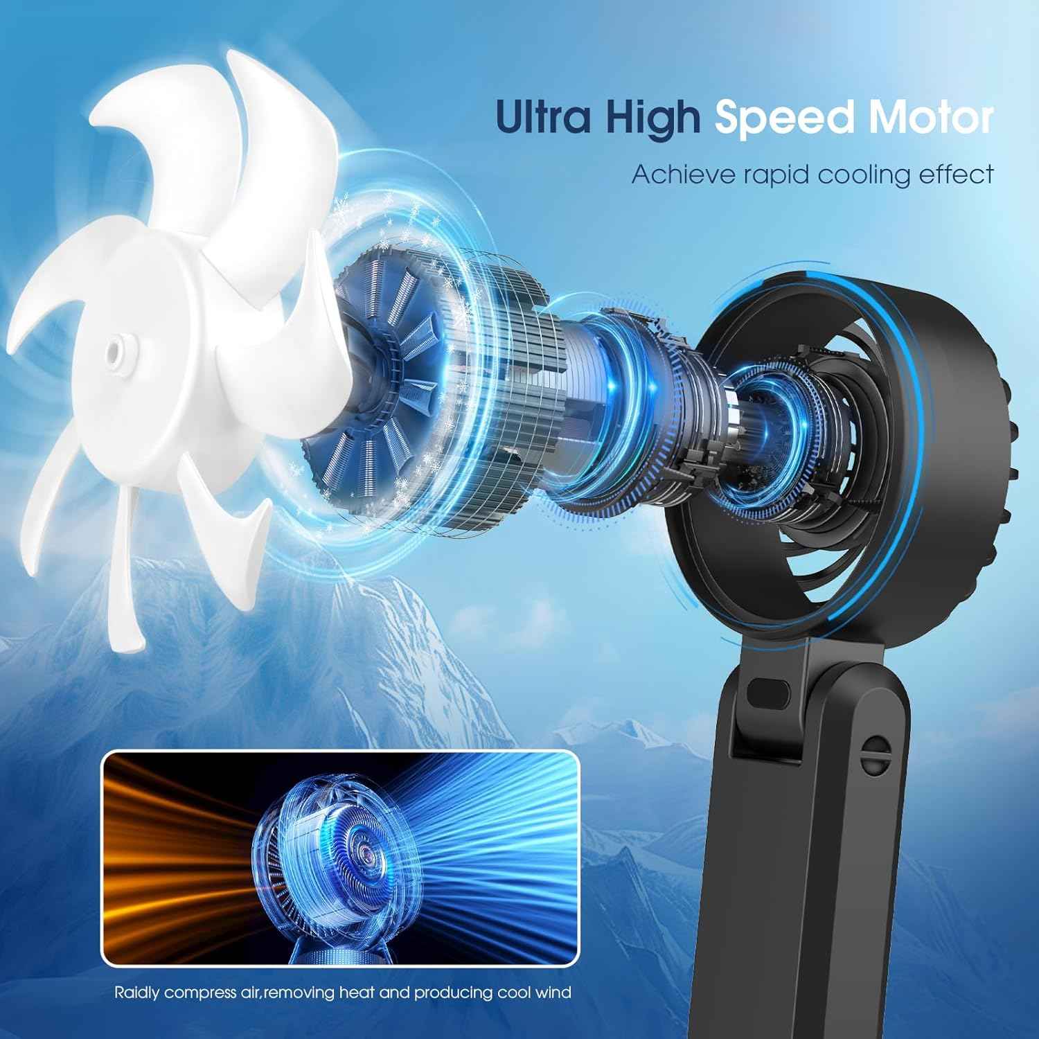 【5200mAh】Portable Handheld Fans for Travel, High-Speed Motor, Rechargeable Hand Held Fan, 5 Speed,180°Foldable, Small Personal Fan,4-IN-1 Hand/Desk/Waist/Neck Fans,Summer Beach Travel Essentials