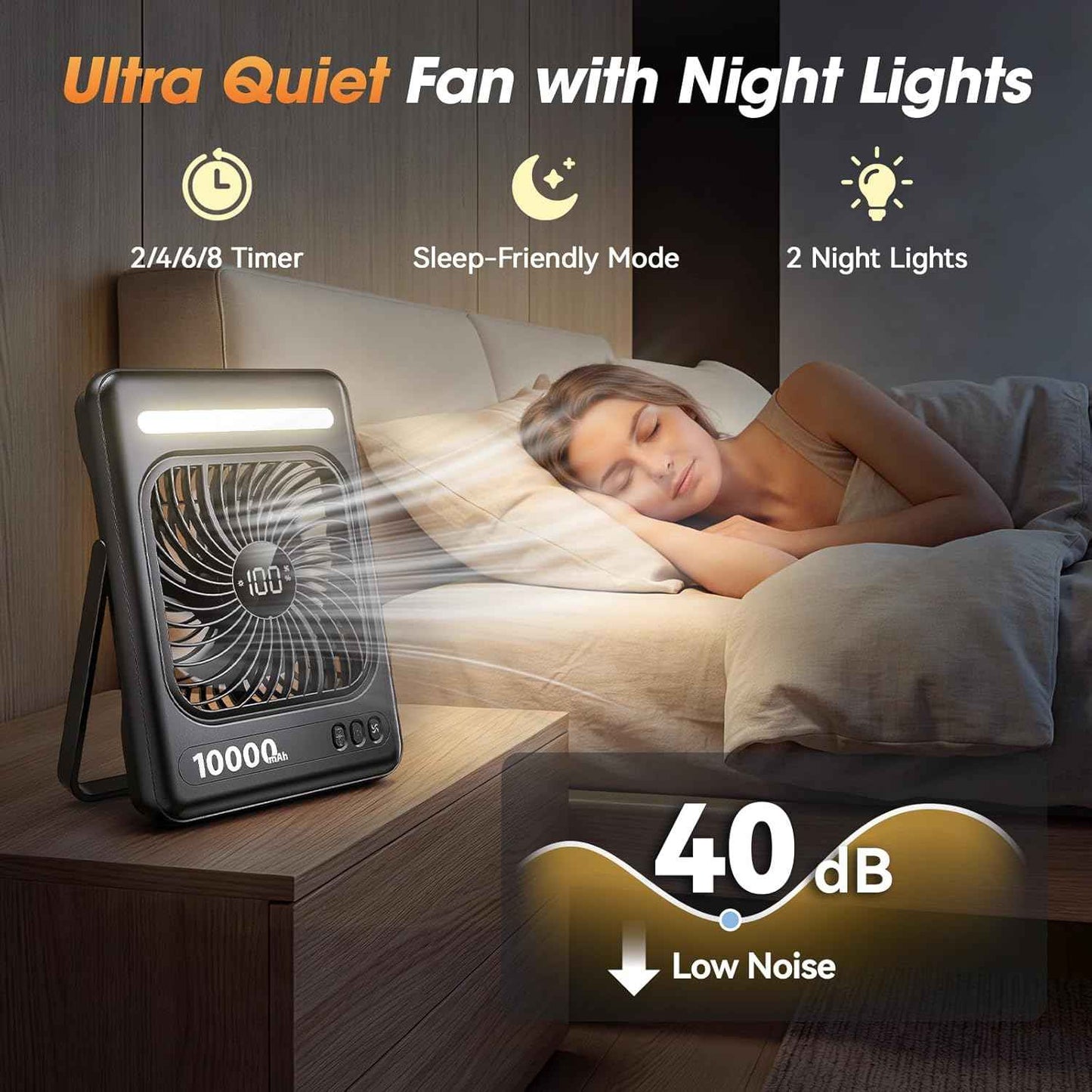 10000mAh Portable Travel Fan, 5 Speeds Strong Wind Cruise Fan with LED Lantern, 24H Runtime Cordless Personal USB Fan, 2/4/6/8H Timer, Ultra-thin Quiet Desk Fan for Camping, Office, Bedroom, Beach