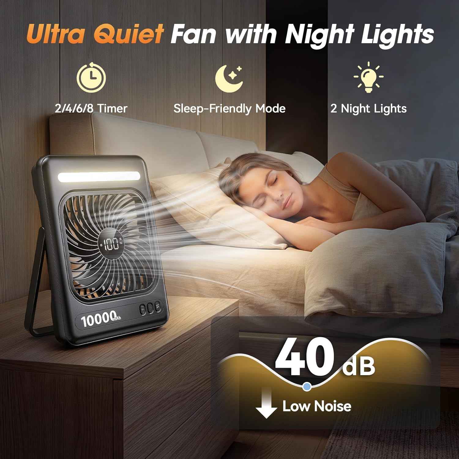 10000mAh Portable Travel Fan, 5 Speeds Strong Wind Cruise Fan with LED Lantern, 24H Runtime Cordless Personal USB Fan, 2/4/6/8H Timer, Ultra-thin Quiet Desk Fan for Camping, Office, Bedroom, Beach