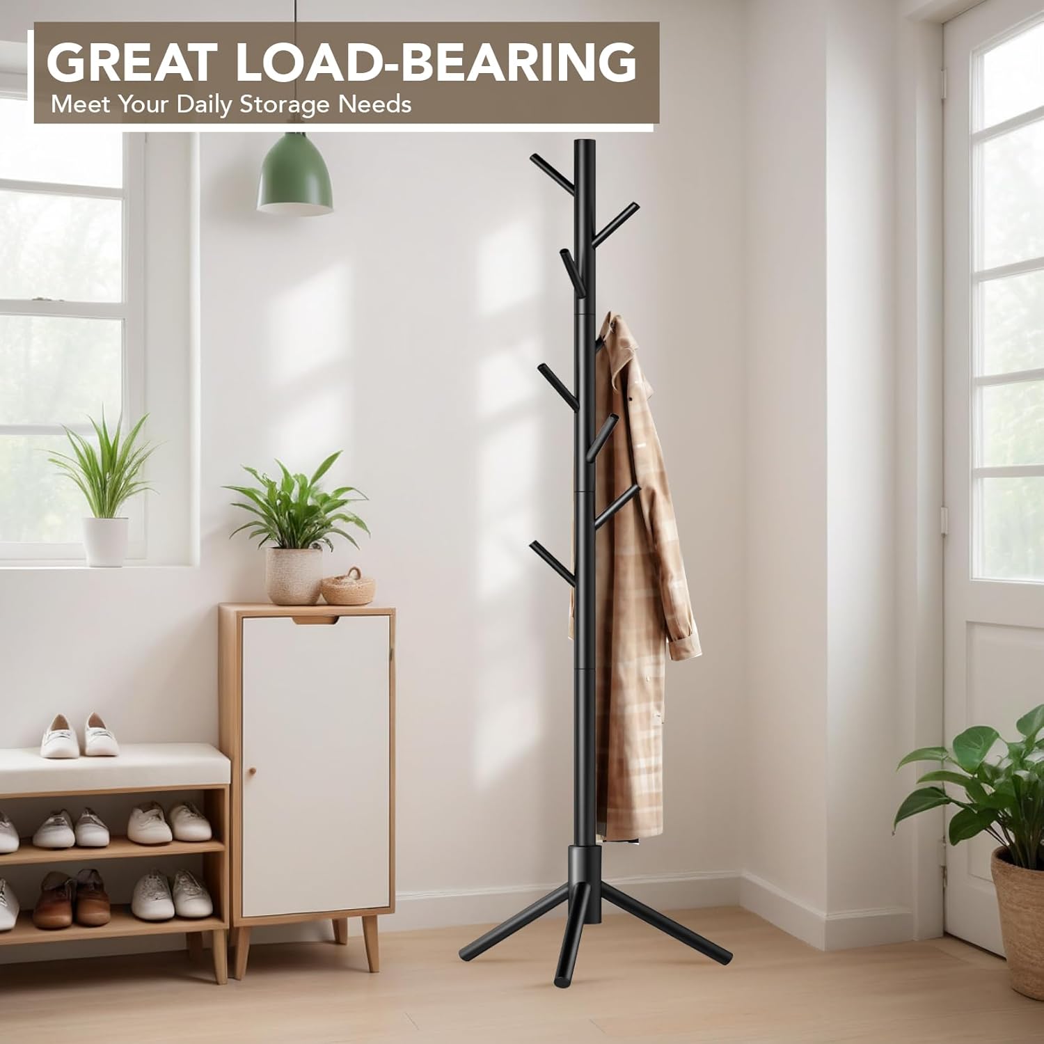 Wooden Tree Coat Rack Stand,Sturdy Freestanding Coat Rack with 8 Hooks,3 Adjustable Height for Child Adult,Wood Coat Stand Tree Fits Entryway Bedroom Office for Bags,Hats - Lumora Desk