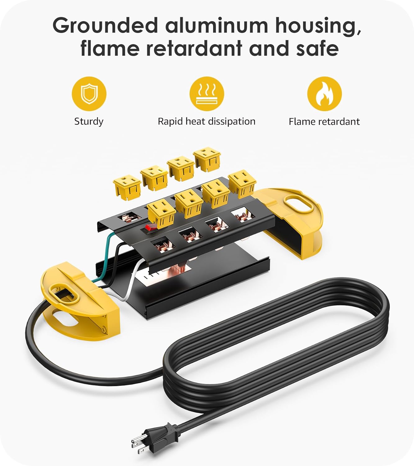 CCCEI Heavy Duty Power Strip Surge Protector, Metal 8 Outlets Power Strip for Appliance. Garage Shop Industrial Workbench 15 AMP Outlets Strip. 10FT Extension Cord, Yellow