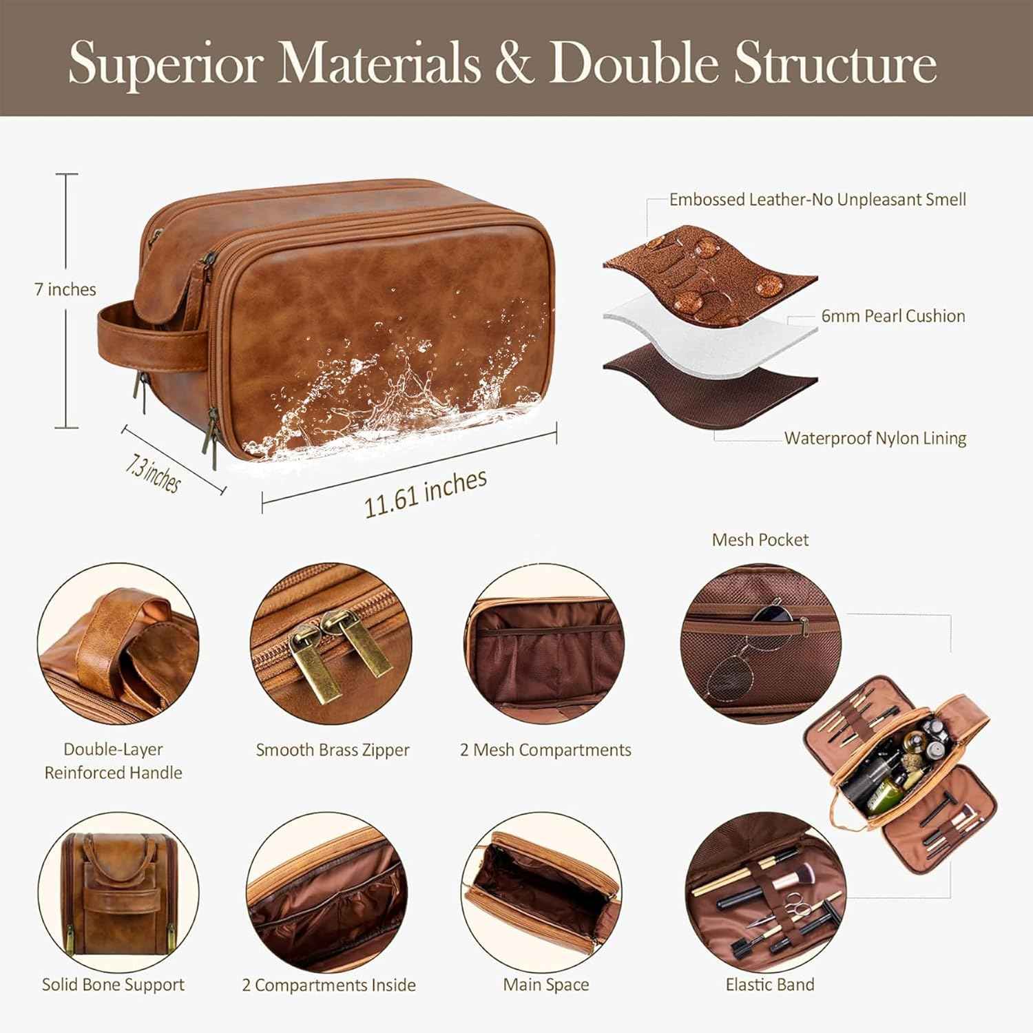Travel Toiletry Bag for Men, Double Layer Handle, Water Resistant PU Leather Kit, Fathers Day Christmas Thanksgiving Groomsmen Wedding Gift (Yellowish Brown)