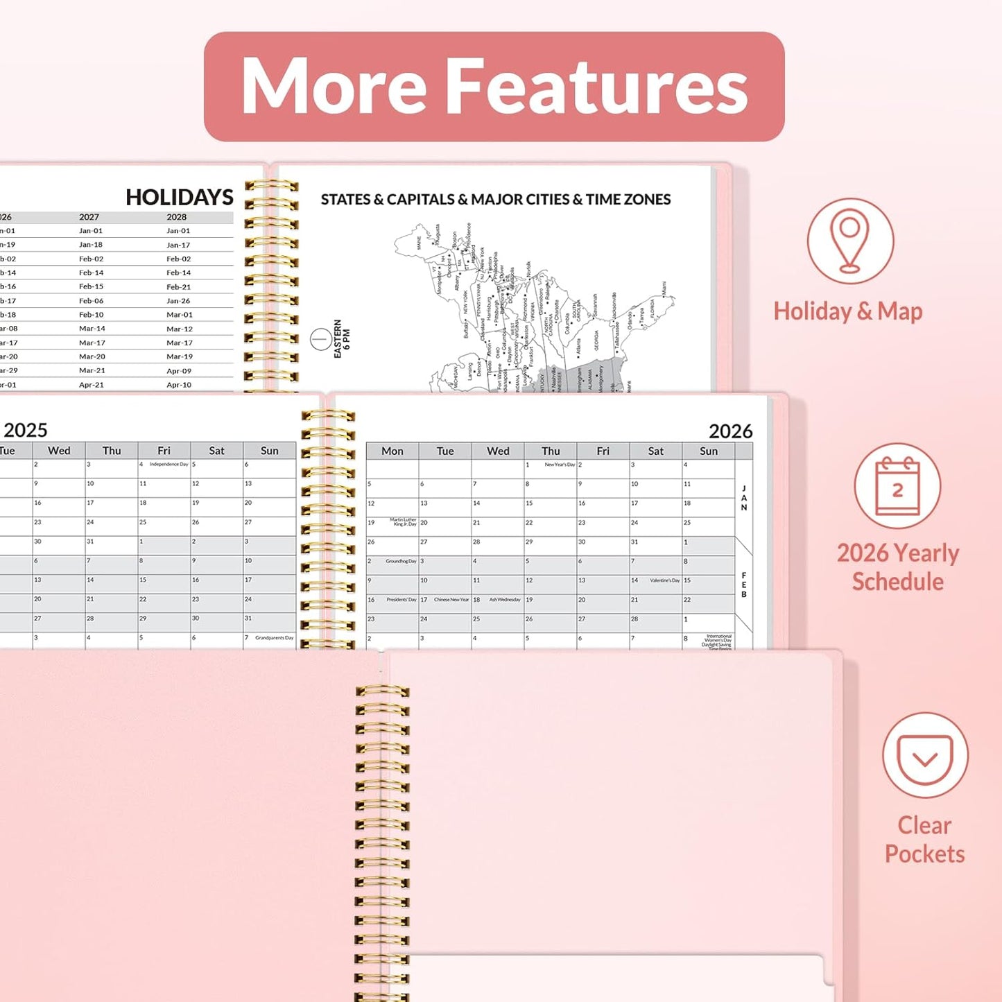 SUNEE 2026 Weekly and Monthly Planner - from January 2026 - December 2026, 6.4" x 8.3" Daily Agenda Planner with Monthly Tab, Flexible Cover, Note Pages, Pockets, Bookmark, Spiral Binding, Pink