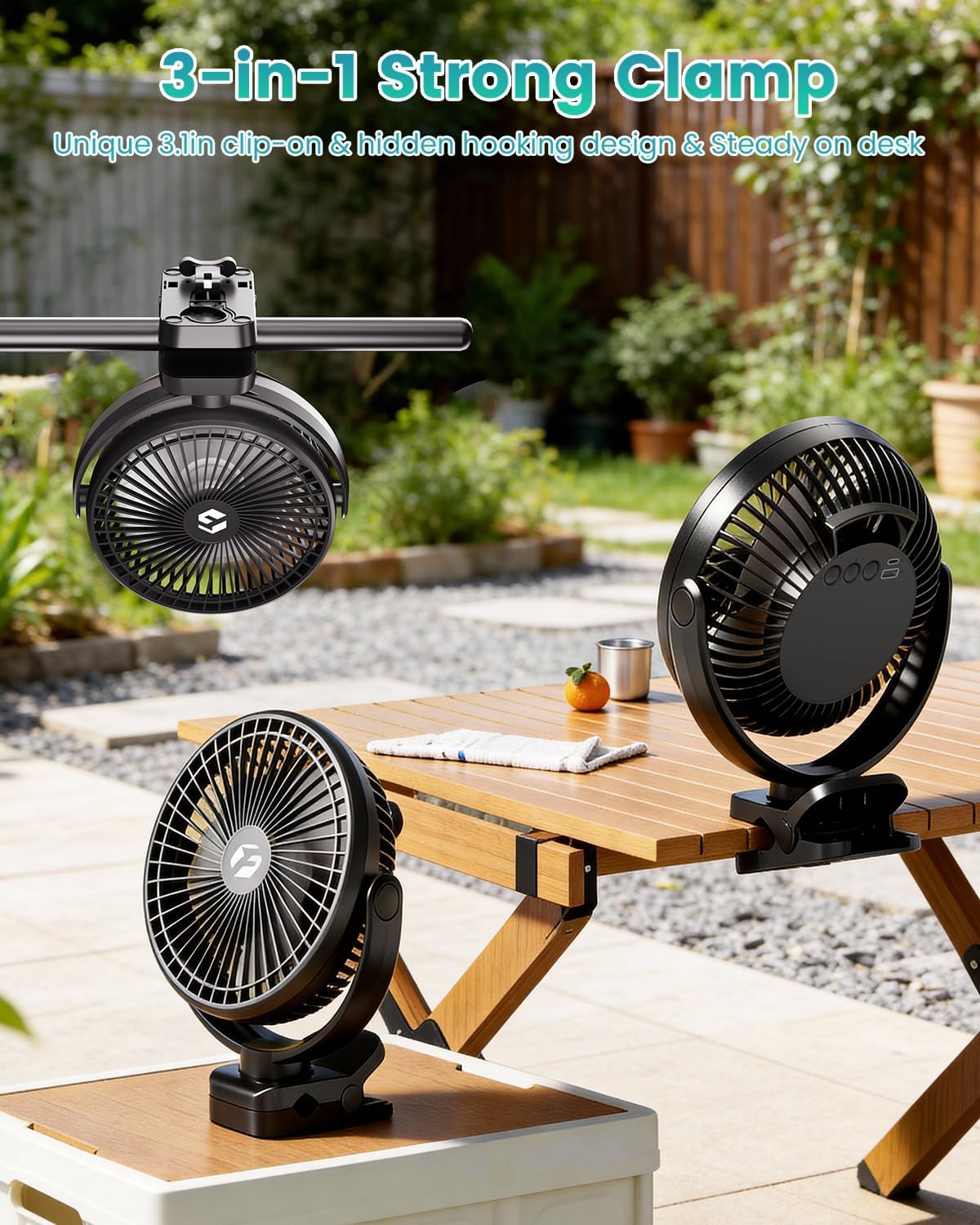 40000mAh Rechargeable Clip on Fan, 8-Inch USB Portable Desk Fan, Screw-Clamp Battery Operated, 3-Speed Airflow, Ideal for Golf Cart, Office, Camping, Outdoor, Travel, Gym, Treadmill,Black