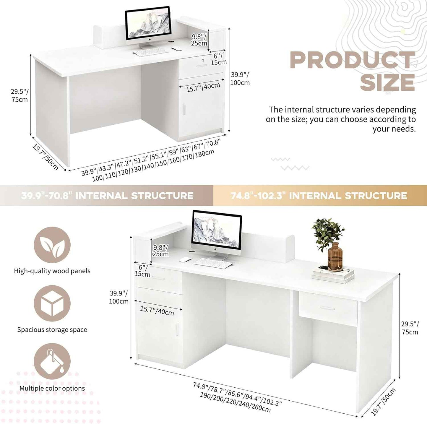 Reception Desk with Counter, LED Light Strip, Cable Management Hole, Lockable Drawer & Storage Cabinet, 39–102 Inch Modern Front Counter Desk for Salon, Lobby, Retail Store, Office Home Office