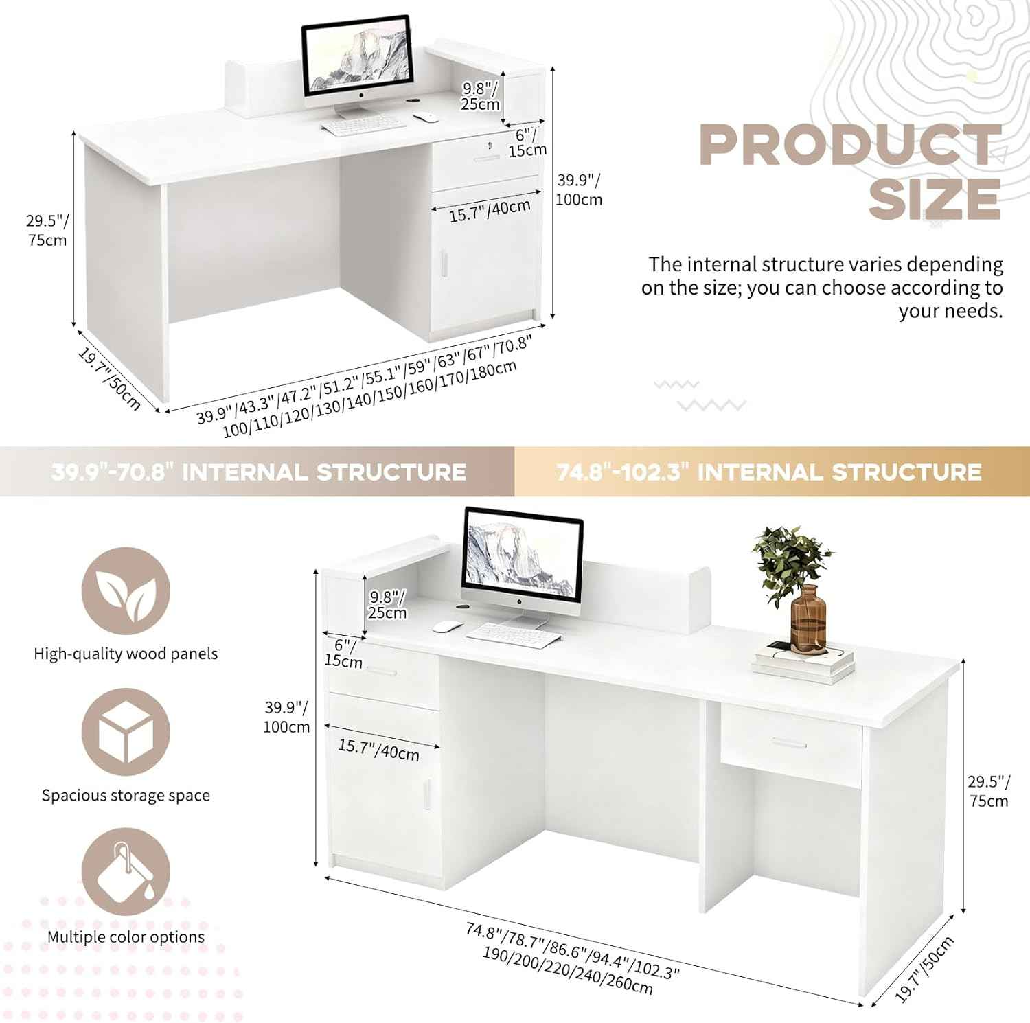 Reception Desk with Counter, LED Light Strip, Cable Management Hole, Lockable Drawer & Storage Cabinet, 39–102 Inch Modern Front Counter Desk for Salon, Lobby, Retail Store, Office Home Office