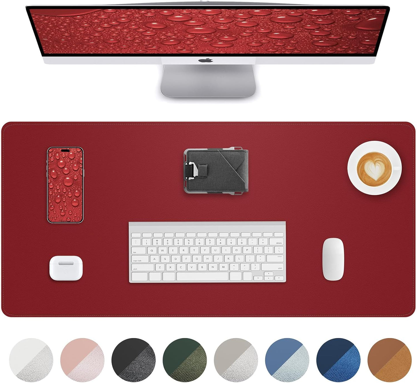 Leather Desk Protector, Red Office Mat, Non-Slip PU Laptop Blotter, Waterproof Writing Pad for Office and Home (Red, 31.5" x 15.7")