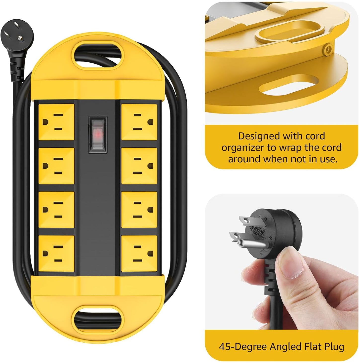 CCCEI 2 Outdoor Power Strips Weatherproof with 8 Plug, Waterproof Extension Cord with Multiple Outlets, Christmas Exterior Garden Yard Surge Protector 15FT, Yellow.