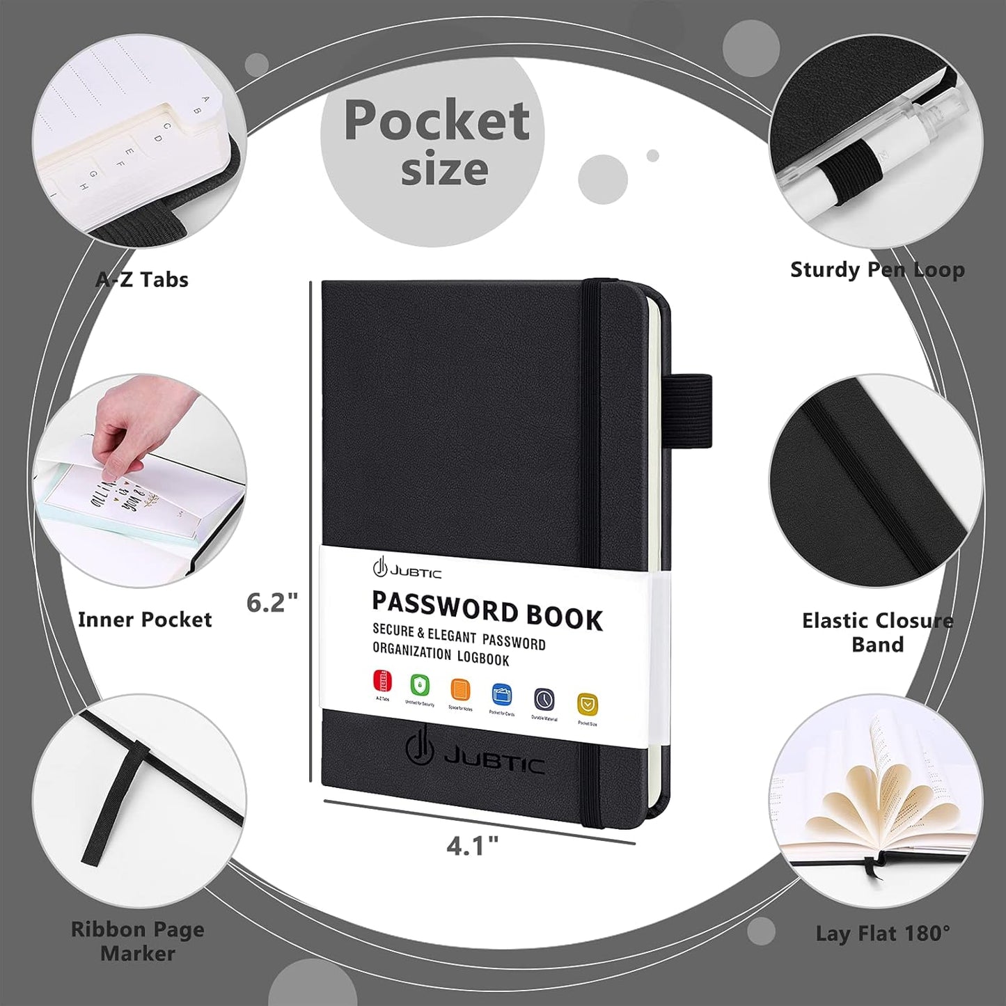 JUBTIC Password Book with Alphabetical Tabs Small Password Keeper with Inner Pocket Record Log in Internet Address Password Notebook Journal Hardcover Password Organizer for Home Office, Black