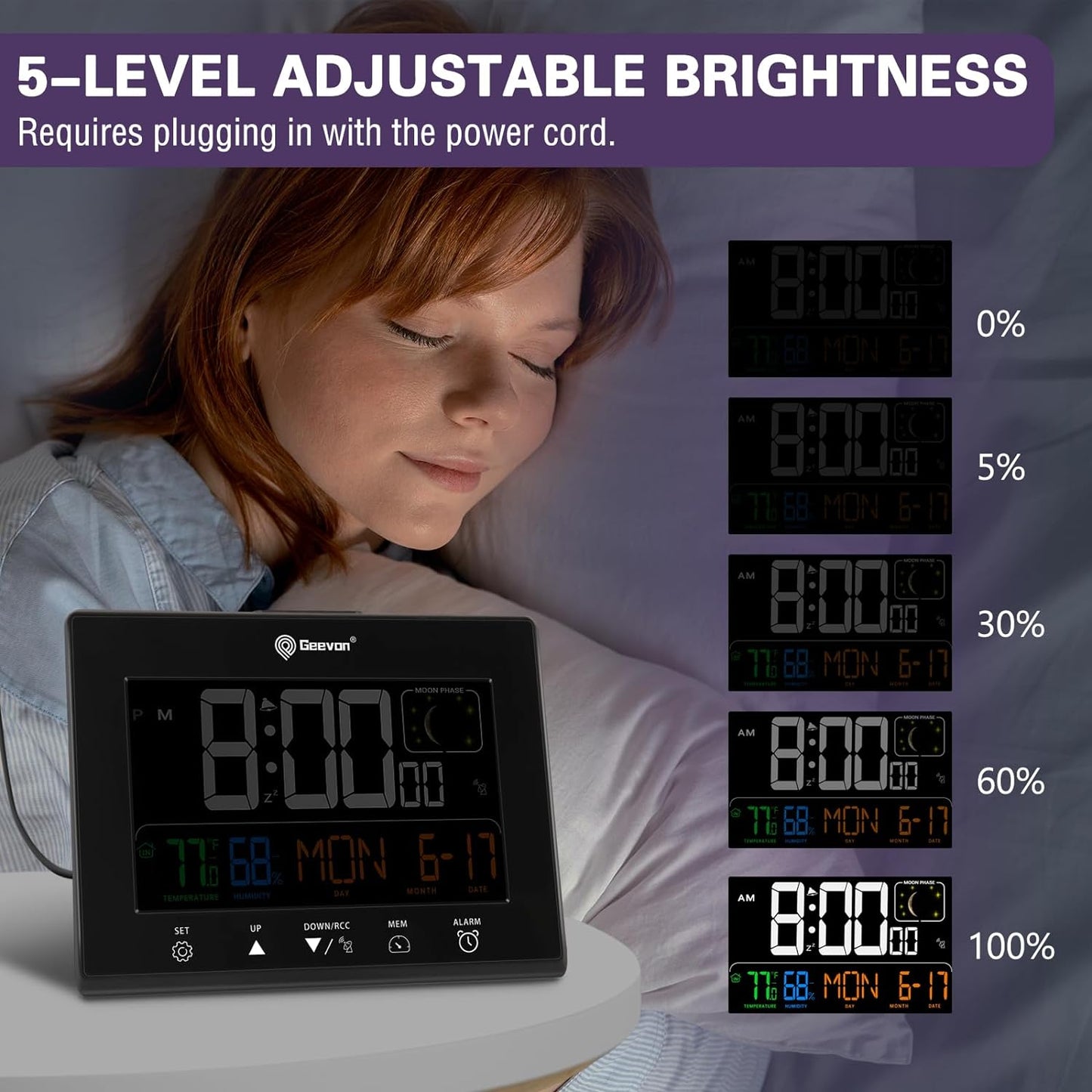 Geevon Digital Atomic Alarm Clocks for Bedrooms with 2 USB Ports, Color VA Display Atomic Clock with Indoor Temperature and Humidity, DST, Calendar, and Moon Phases for Seniors Elderly