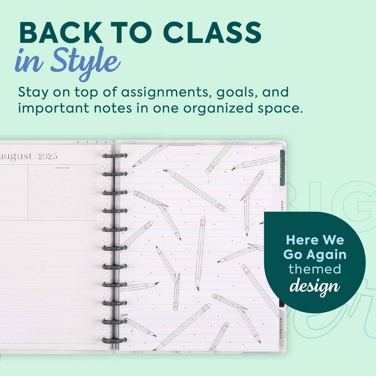 Happy Planner Disc-Bound 12-Month July 2025–June 2026 Planner with 3 Extra Months, Big Size, Teacher Layout, Here We Go Again, 7" x 9.25”