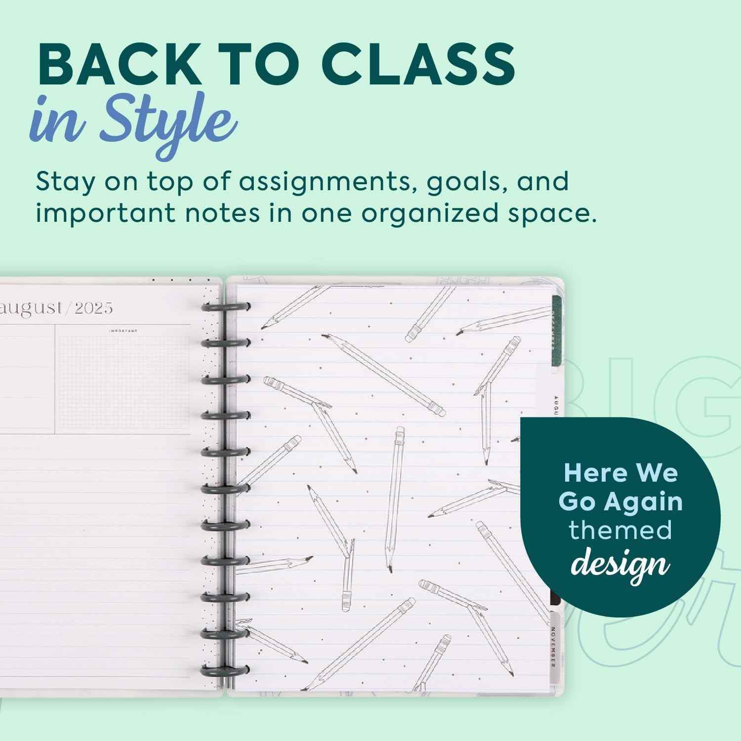 Happy Planner Disc-Bound 12-Month July 2025–June 2026 Planner with 3 Extra Months, Big Size, Teacher Layout, Here We Go Again, 7" x 9.25”