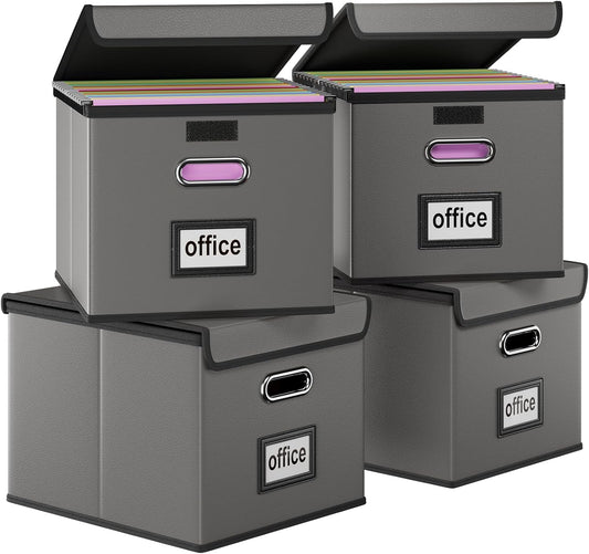 Huolewa Portable Leather File Organizer Boxes with Lids, Office Document Boxes Organizer, Filing Boxes, Decorative Small File Boxes for Hanging Files with Plastic Slide for Office/Decor/Home