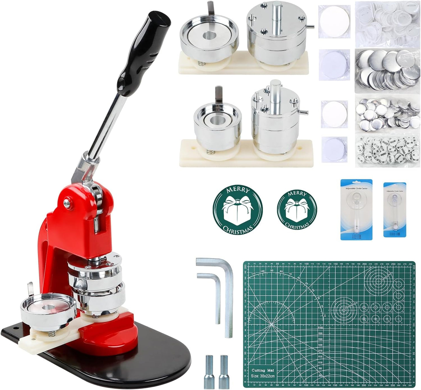 Button Maker Machine Set, Multiple Sizes Button Maker Machine 58+75mm, Push Pull Button Press Machine，Pin Maker Machine with Circle Cutter and Cutting Mat, Come with 200 Button Parts Supplies