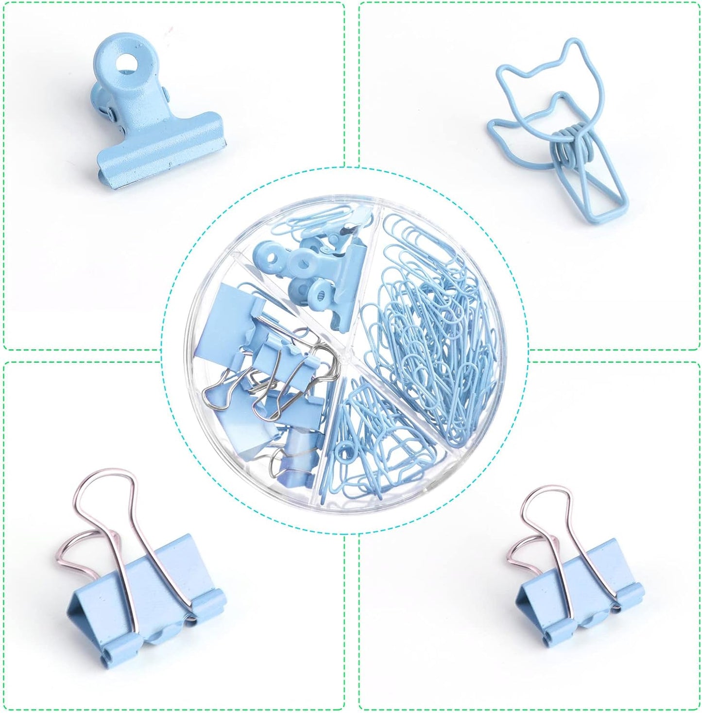 Blue Paper Clips and Binder Clips Set, Metal Assorted Sized Binders with Push Pins, Cute Office Supplies for Desk, Desk Accessories