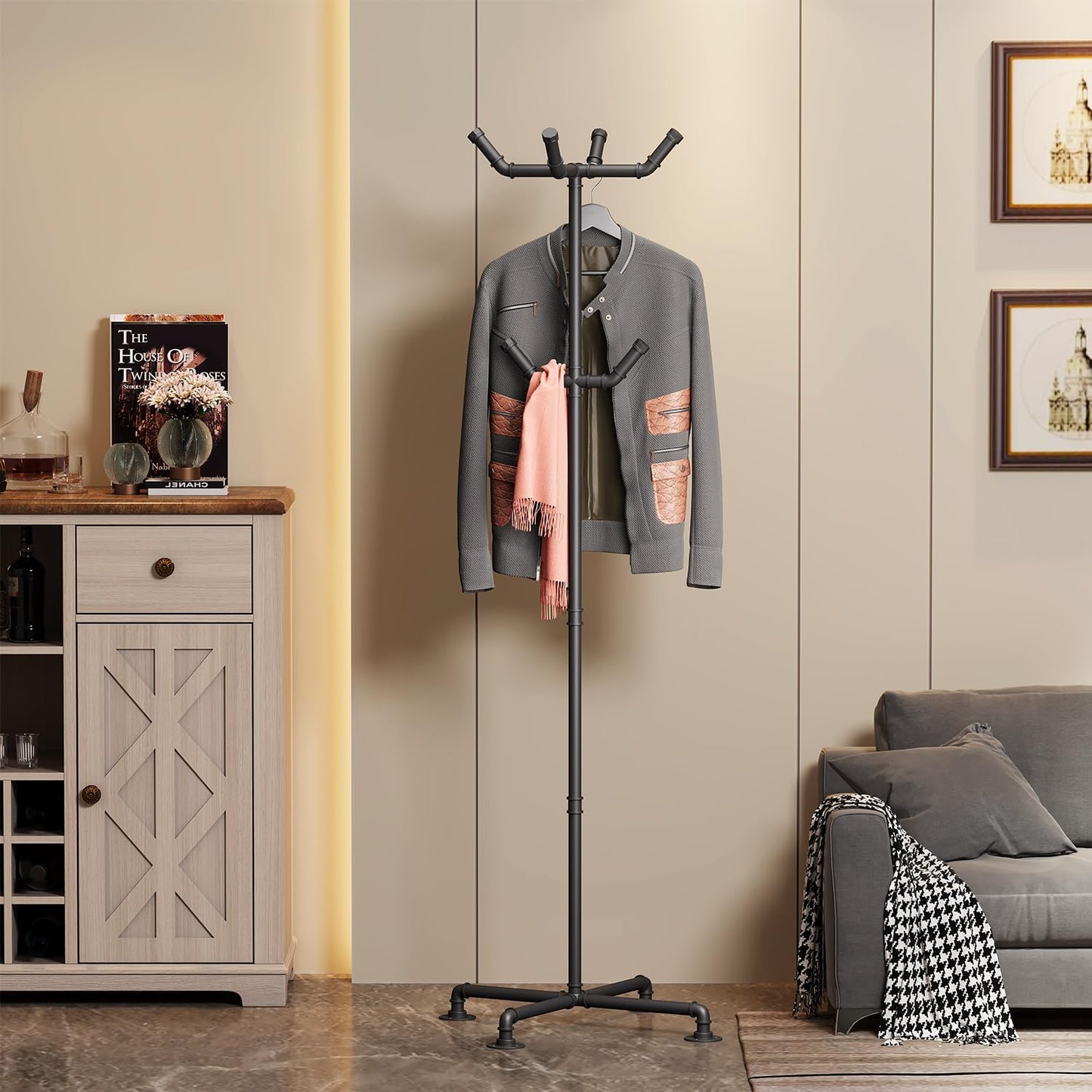 Industrial Coat Rack,Metal Pipe Coat Rack Stand Freestanding with 6 Hooks,Heavy Duty Coat Tree Sturdy Coat Racks for Entryway, Hallway, Bedroom (Black) - Lumora Desk