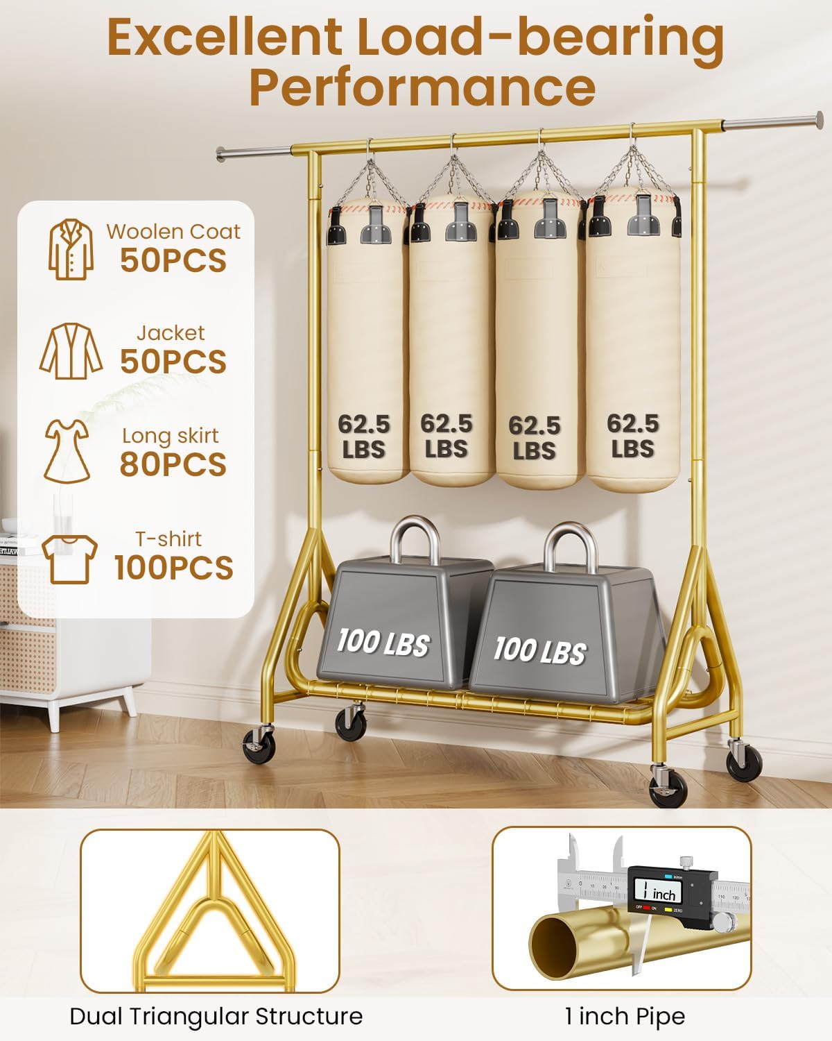 Heavy Duty Clothes Rack, Metal Clothing Rack Load 450 LBS, Rolling Coat Racks for Hanging Clothes with Lockable Wheels, Wardrobe Closet Garment Racks for Bedroom, Gold - Lumora Desk