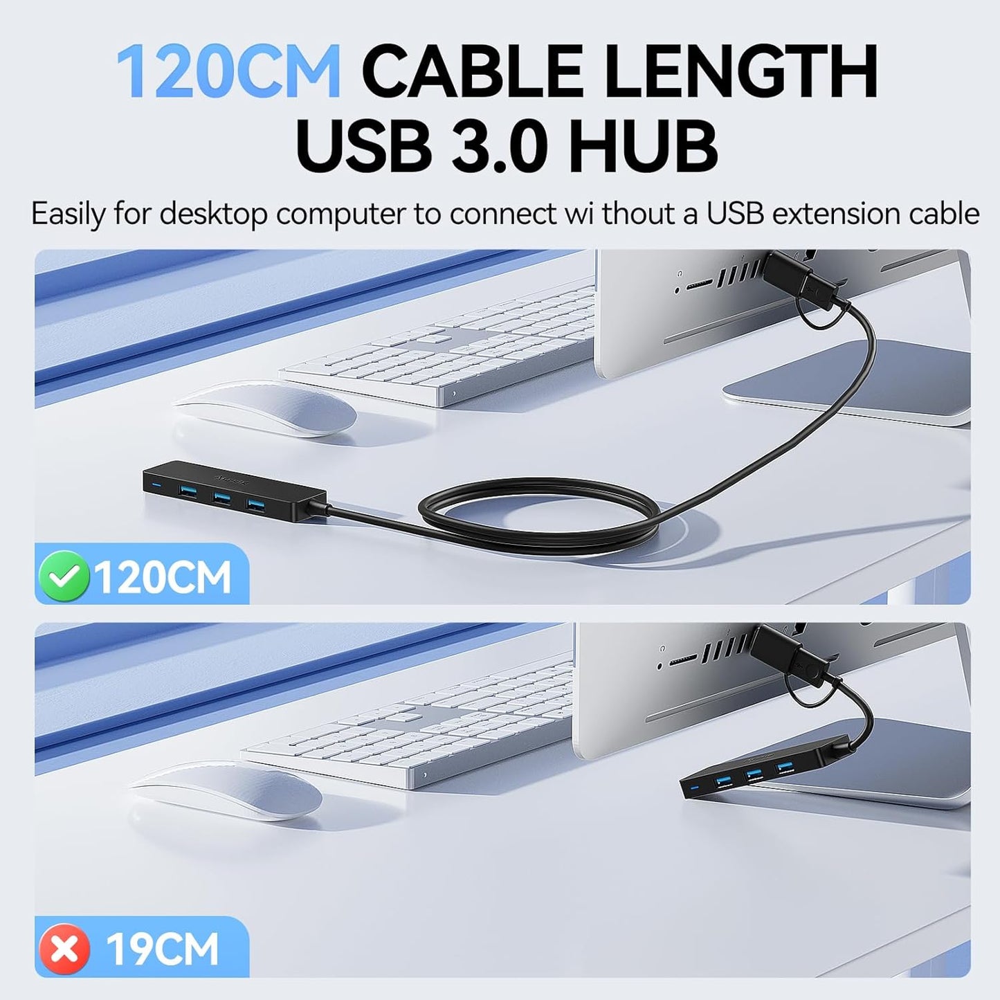 Aceele USB C/A Hub for Laptop, Ultra Slim USB Splitter 4 Port USB 3.0 Data Hub, Multi USB Port Expander with 4Ft Long Extension Cable for Desktop Mini PC,MacBook Air/Pro, iMac, PS5, Flash Drive