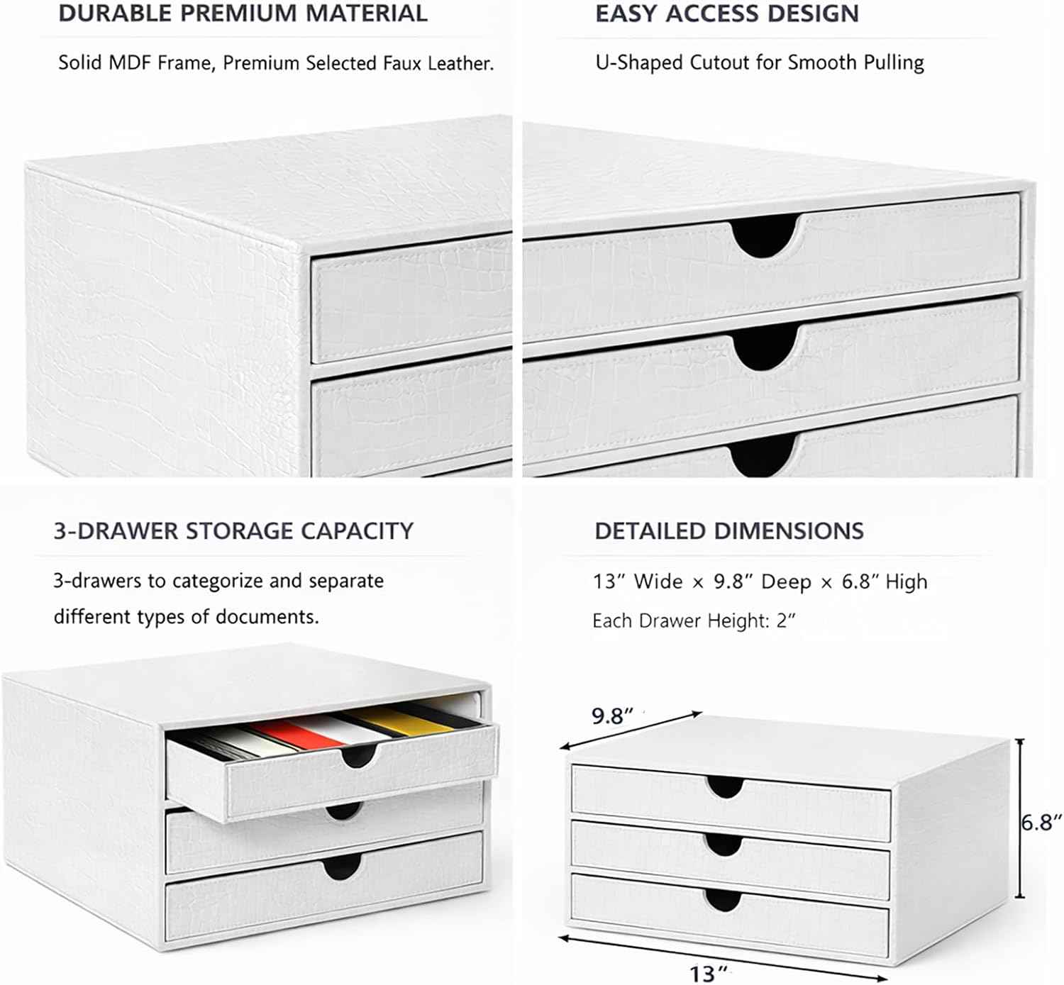 UnionBasic Document Organizer, 3-Drawer File Cabinet Document Storage Box, Office Desktop Filing Organizer, Croco White