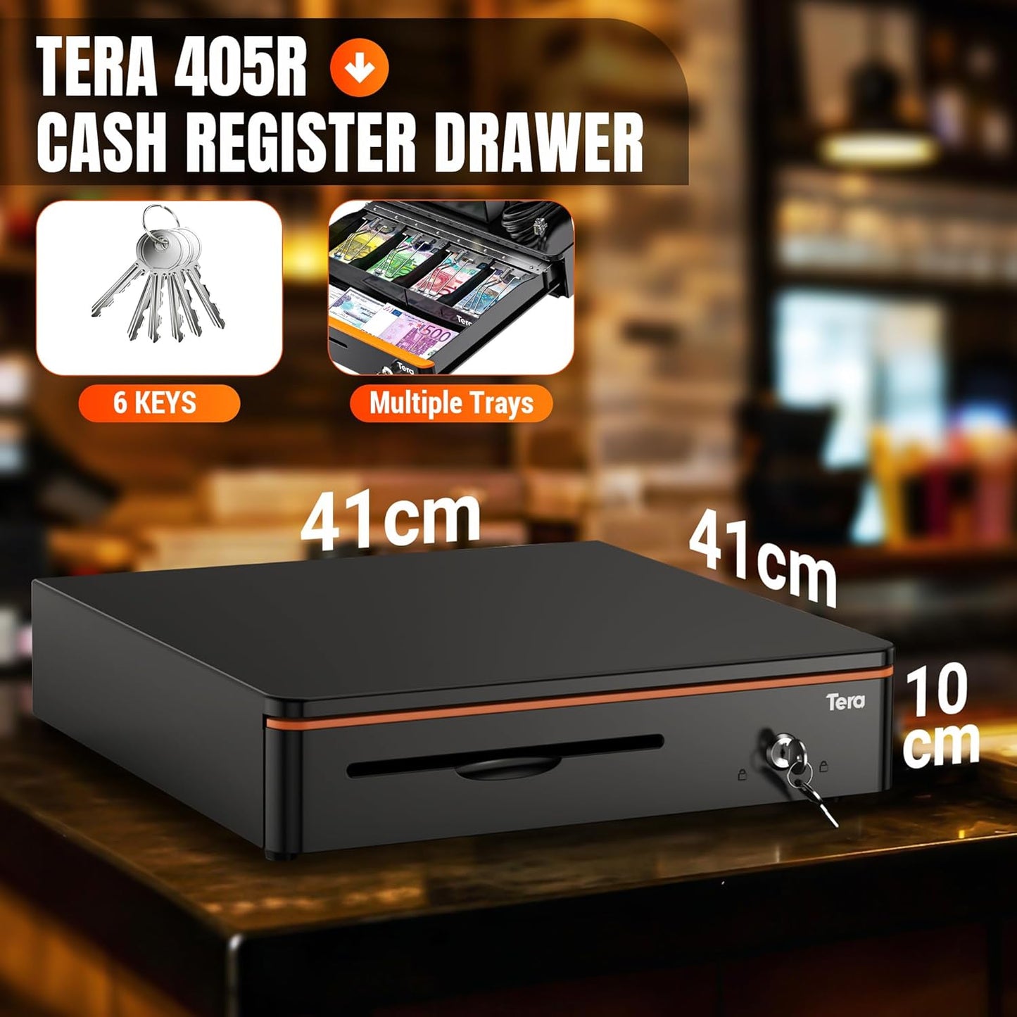 Tera 16" Heavy Duty Cash Drawer Auto Open Insert Tray 5 Bill 8 Coin for Point of Sale (POS) System Removable Cash Tray Media Slot 24V RJ12 Key-Lock with Round Corner for Business Retail 405R Black