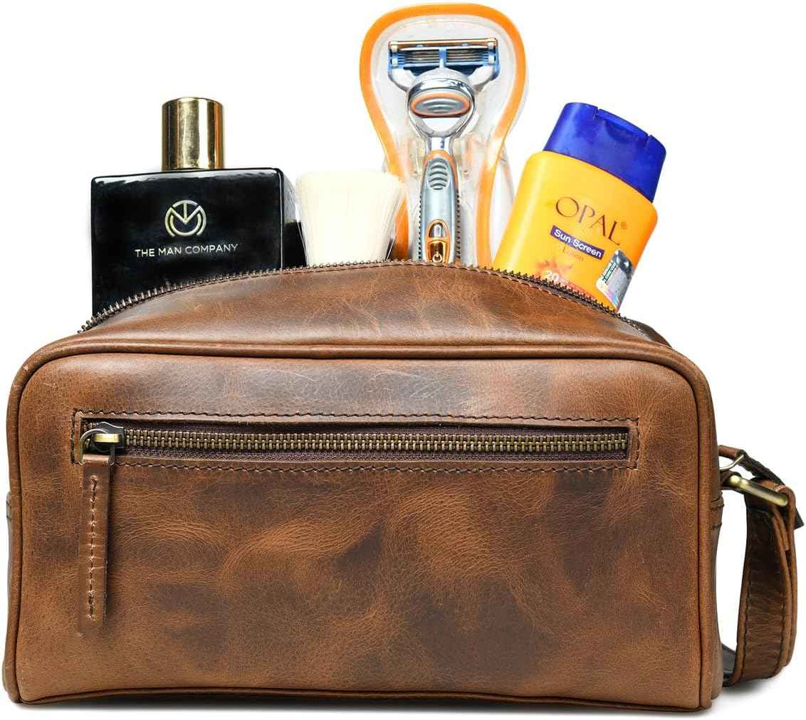 MaheTri Leather Toiletry Bag Travel Dopp Kit | Genuine Handcrafted Cosmetic Bag for Men & Women | Multipurpose use Durable Leather Toiletry Bag (Cosmetic, Shaving Kit) (Lumber Brown)