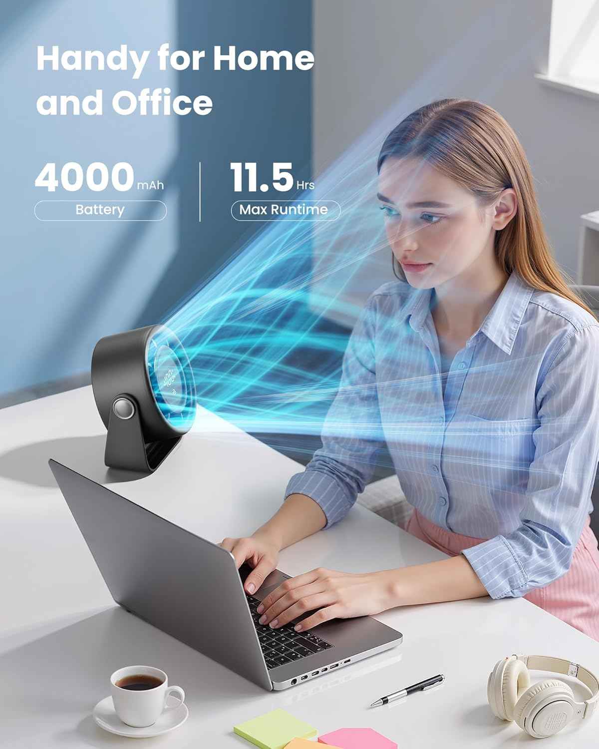Gaiatop Small Desk Fan Rechargeable, Quiet Personal Table Fan, Touch Control Display, 360° Tilt, 5-Speed Strong Wind, 4000mAh Battery, Small Fans for Bedroom Dorm Office, Gifts for Women Men, Black