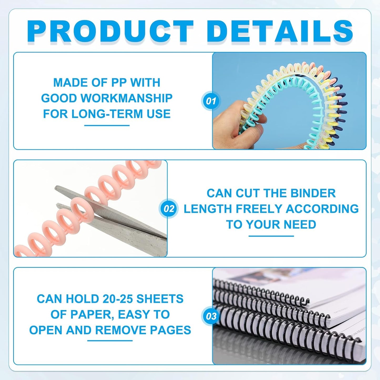 PATIKIL 8.5mm(0.3") Spiral Binder Ring,10 Pcs 30 Rings 25 Sheet Capacity Comb Binding Spines for Binding Paper Sheets Notebook Calendar Picture Album, Sky Blue