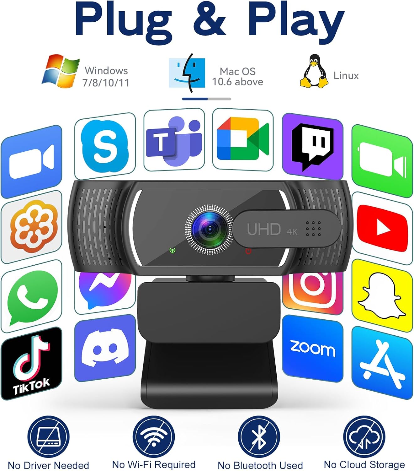 4K Webcam for PC & Mac, Tiny USB Streaming Camera with PDAF Autofocus, Dual Omnidirectional Noise-Canceling Microphones, Auto Low-Light Correction, Works with Zoom, Teams, Google Meet & Twitch