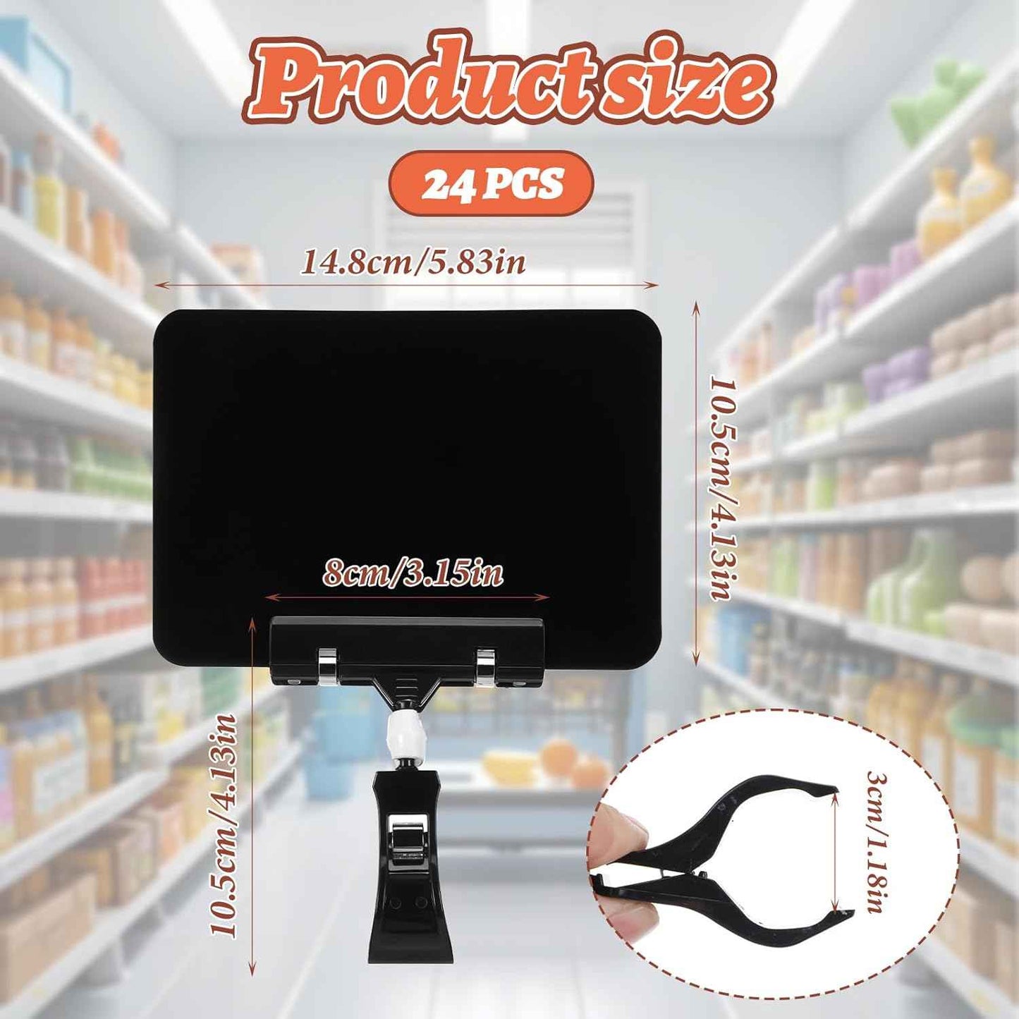 24 Pcs Black Mini Plastic Chalkboard Sign with Clip, Double Head Rotating Display Price Tags Merchandise Sign Clip Holder for Business Retail Food Clothing Rack Shelf Basket Sign Display