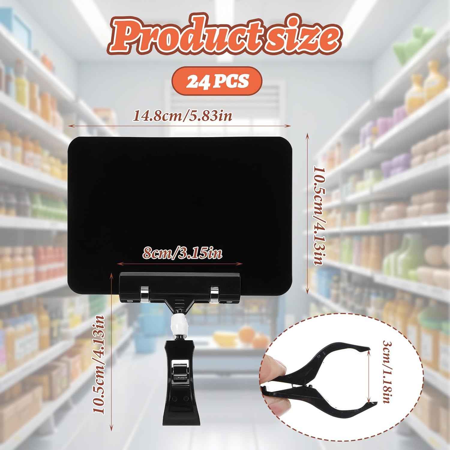 24 Pcs Black Mini Plastic Chalkboard Sign with Clip, Double Head Rotating Display Price Tags Merchandise Sign Clip Holder for Business Retail Food Clothing Rack Shelf Basket Sign Display