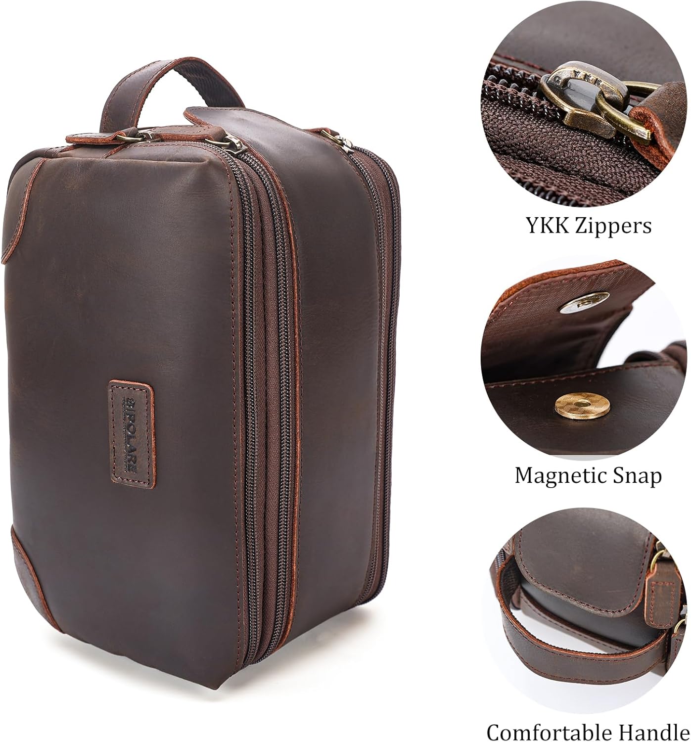 Polare Full Grain Leather Travel Toiletry Bag Dopp Kit Large Cosmetic Travel Case Shaving Kit Wash with YKK Zippers