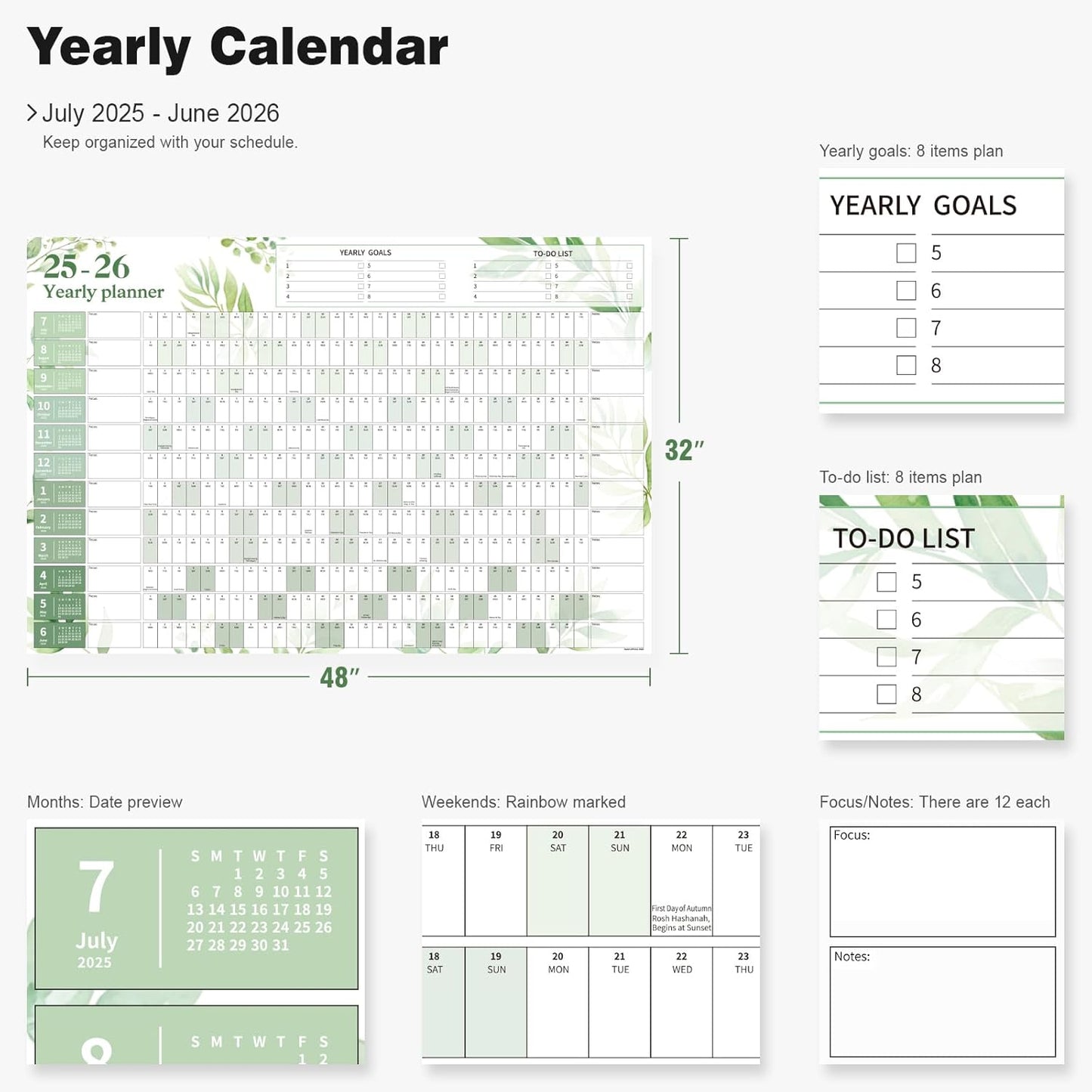 Ospelelf Large Wall Calendar 2025-2026 - 32'' x 48'' Dry Erase Calendar for Wall, 12 Month Laminated Calendar for Classroom, Family, Use July 2025 - June 2026 (Leaf)