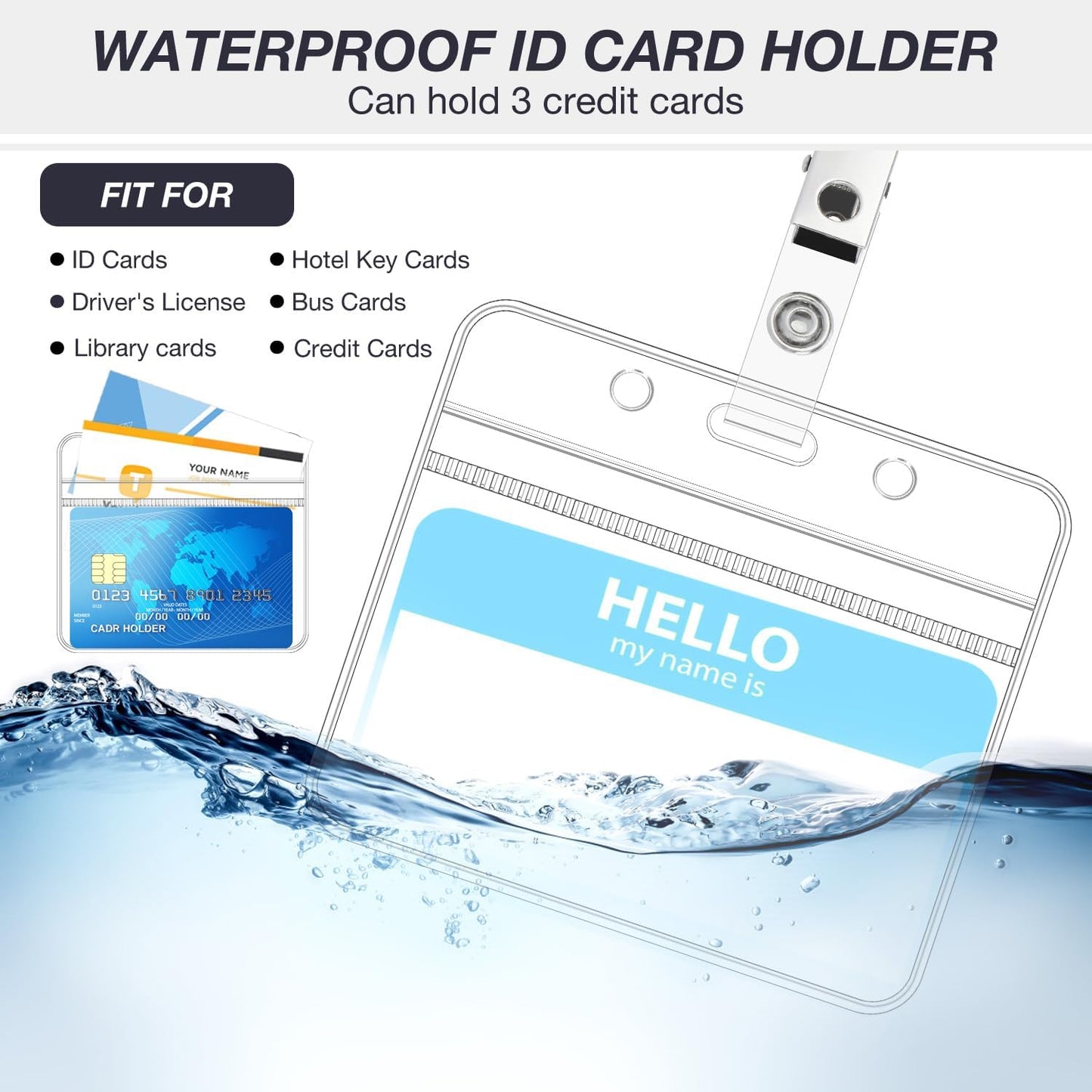 ID Badge Holder and Clips Extra Thick Clear Name Tag Card Holders Plastic Horizontal ID Badge Protector with Waterproof Resealable Zip