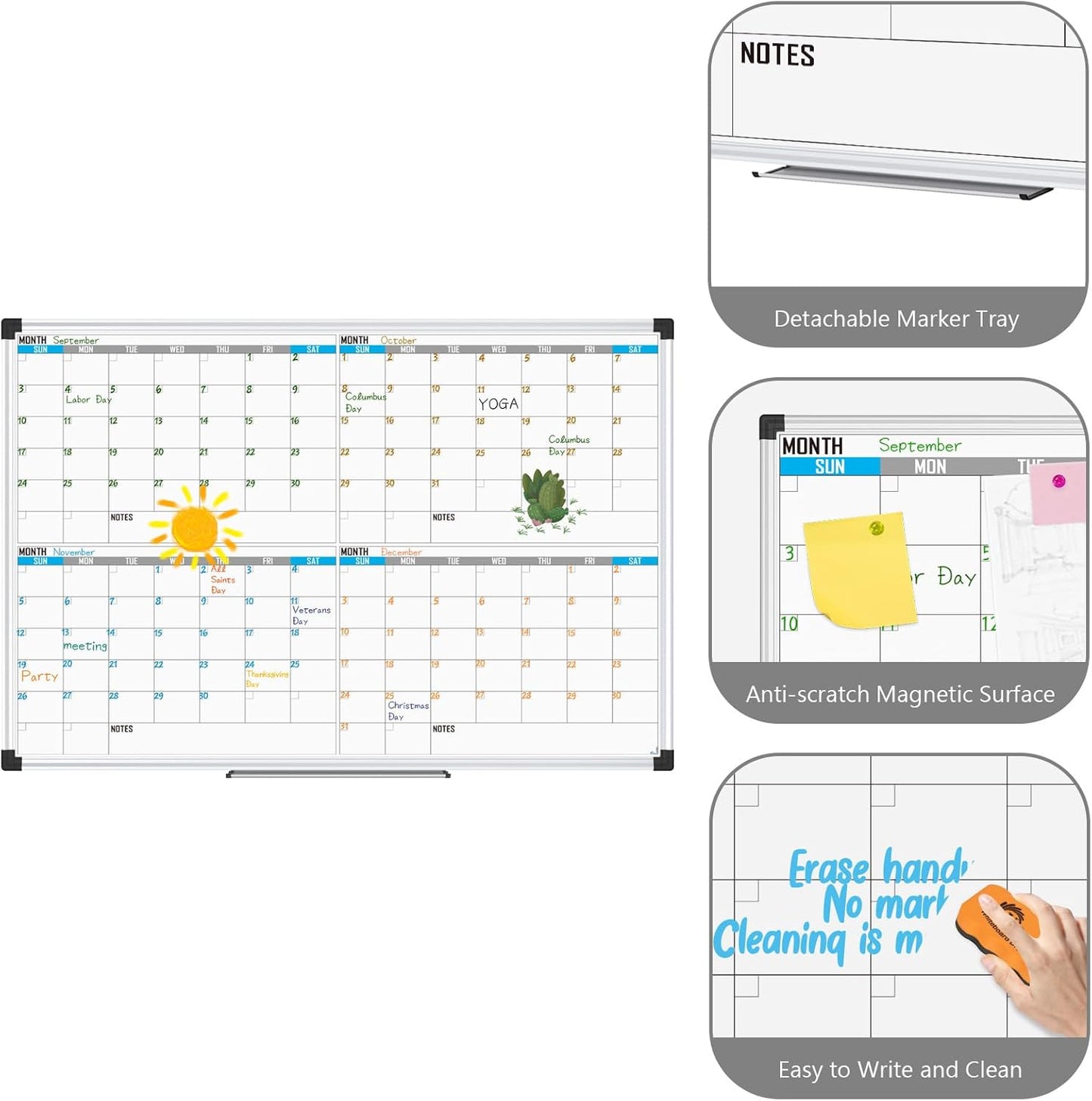 XBoard Magnetic Calendar Whiteboard 36" x 24", 4 Months Calendar Dry Erase Board, Silver Aluminium Framed White Board Planner for Home School Office Organization - Lumora Desk