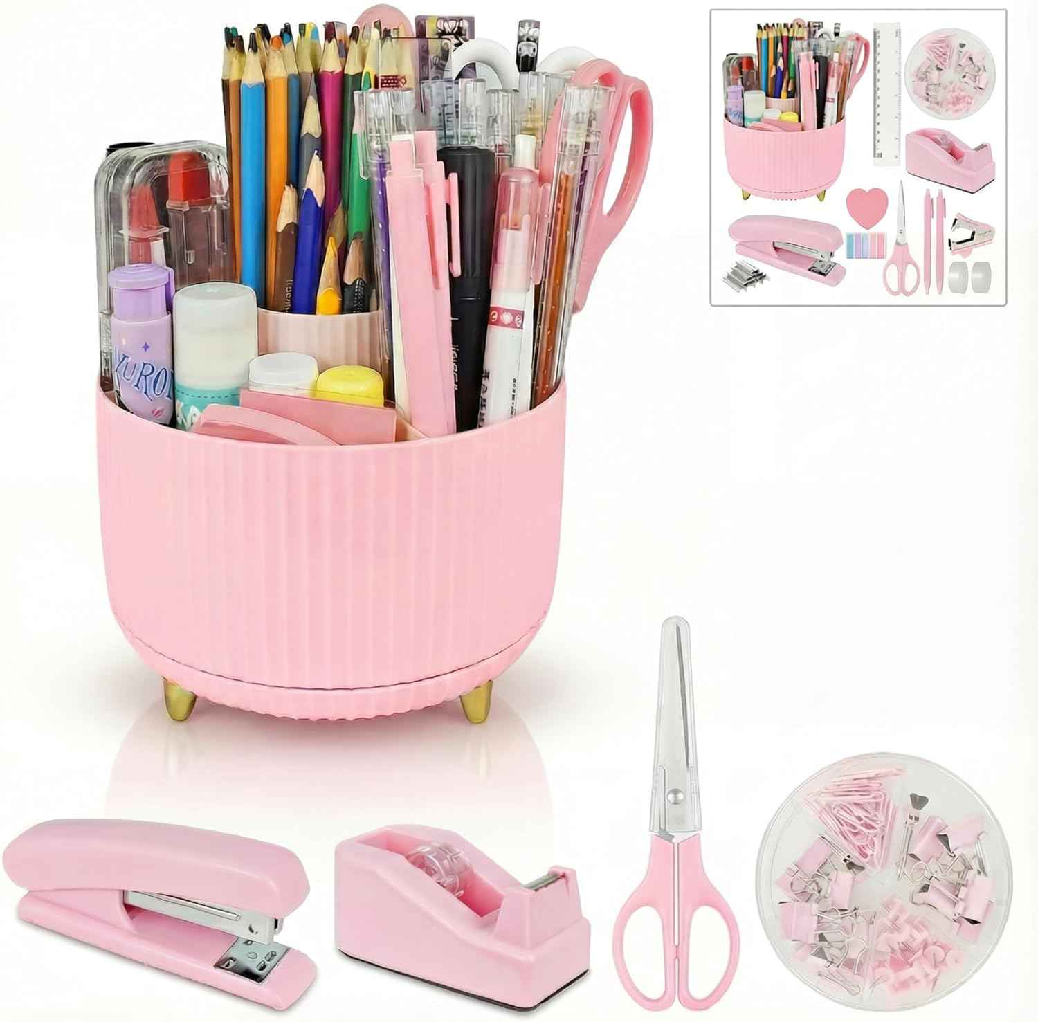 Pink Office Desk Accessories, 15pcs Office Supplies 360°Pen Holder , Stapler, Staple Remover, Tape Dispenser,Tape Refills, Binder Paper Clips Kit, Scissor, Cute Desk Accessories for Women Gift Set