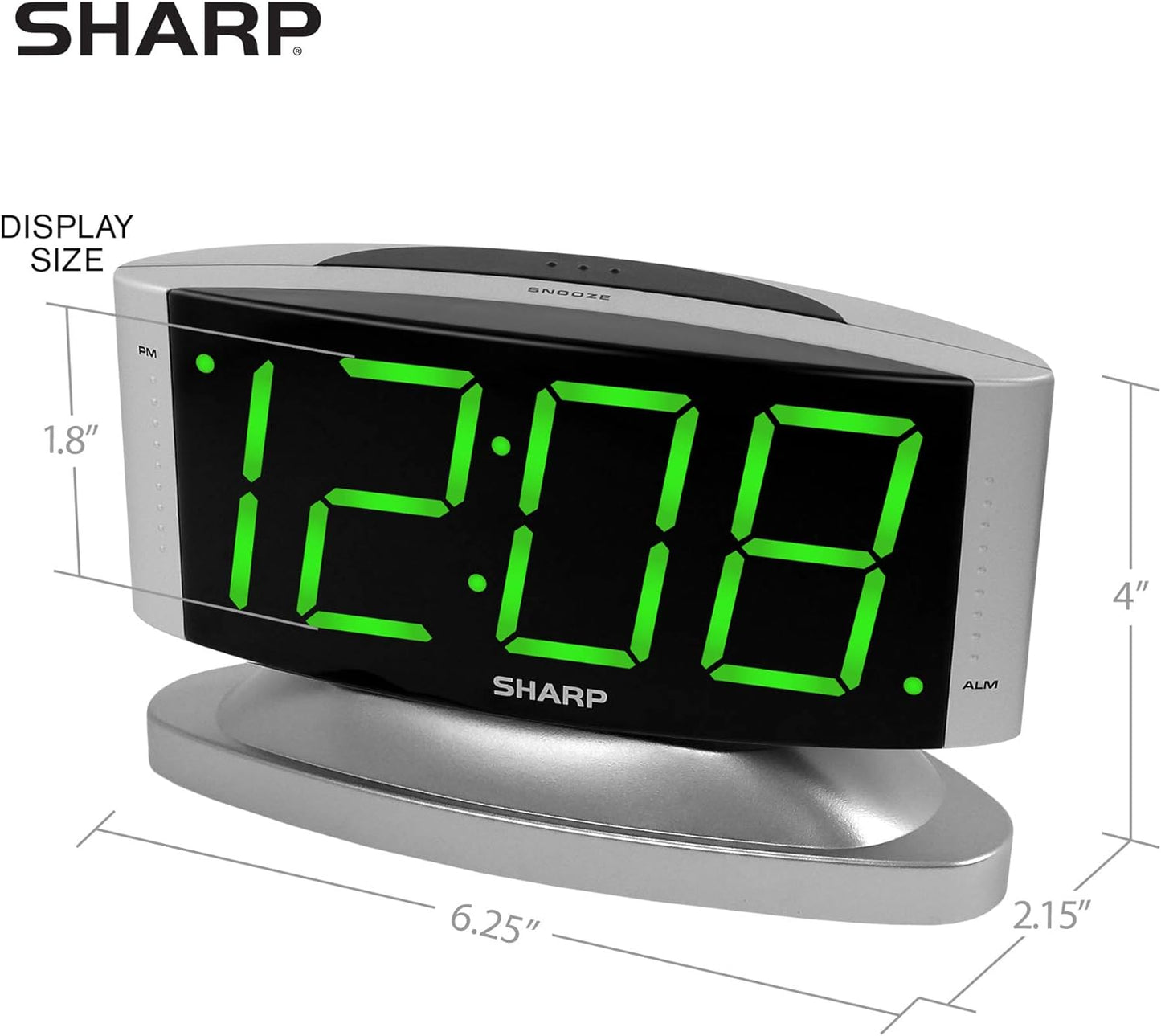 Sharp Home LED Digital Alarm Clock – Swivel Base - Outlet Powered, Simple Operation, Alarm, Snooze, Brightness Dimmer, Big Green Digit Display, Silver Case