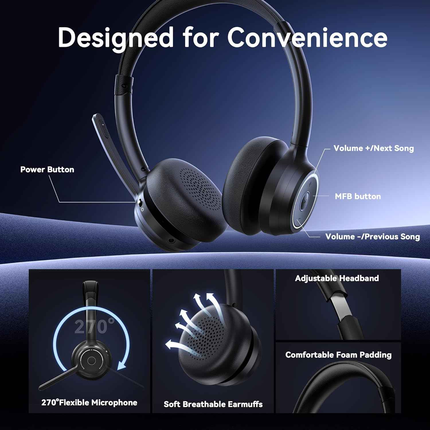 Gixxted (2026 Upgraded) Wireless Headset with Mic for Work, Bluetooth Headset with Noise Canceling Microphone, Wireless Headphones with Mic and USB Dongle and Mute, Fit for Computer/PC/Teams