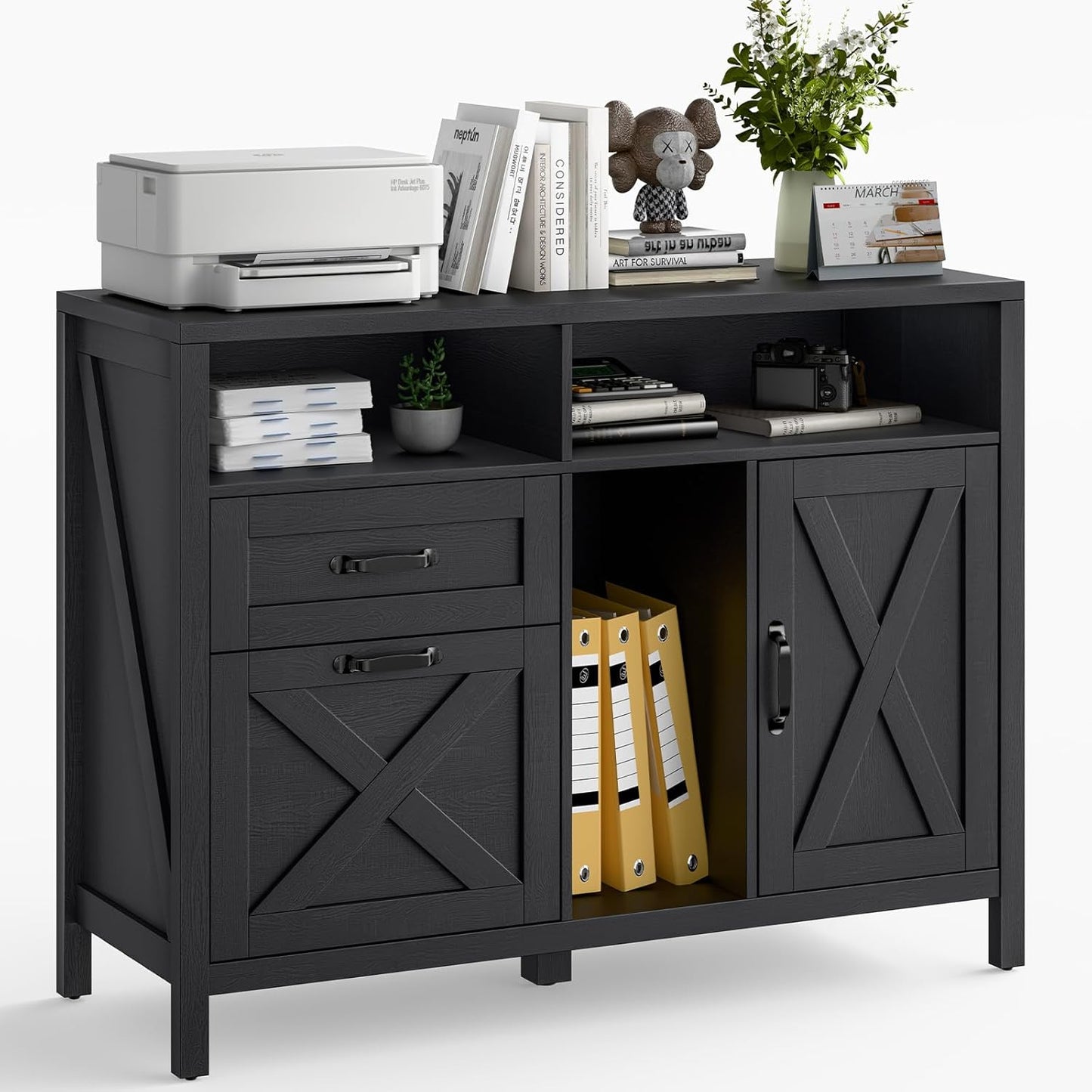 Lateral File Cabinet with 2 Drawers and Door, Farmhouse File Cabinet for A4/Letter Size Hanging Files, Large Wood File Storage Cabinets Printer Stand with Open Space for Home Office Furniture, Black
