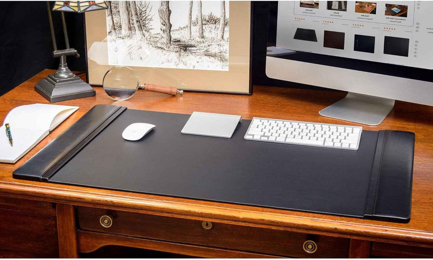 Classic Leather Desk Pad with Side Rails - Luxury Leather Desk Blotter for Writing - Padded Executive Desk Surface Protector - (Black, 34” x 20”) - Dacasso