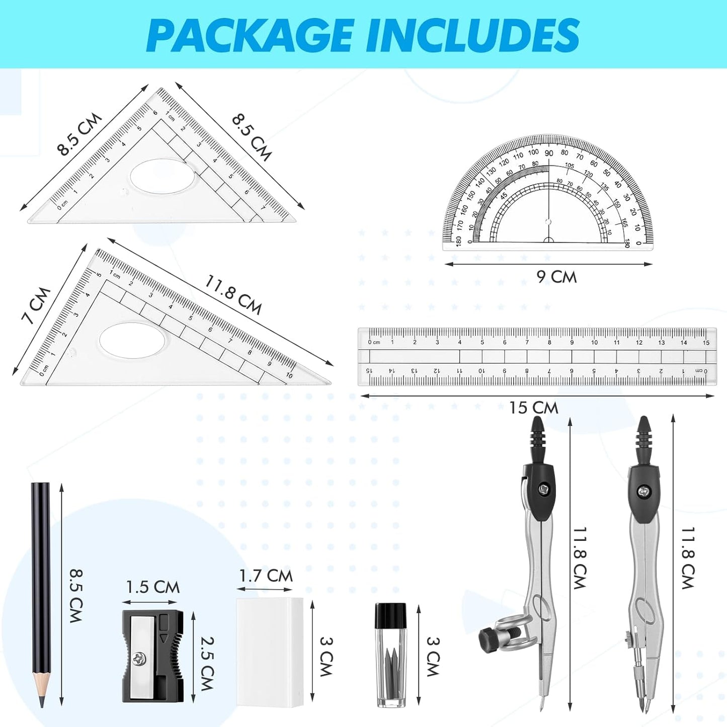 Zonon Math Geometry Set 10 Pcs Student Supplies with Shatterproof Storage Box, Includes Rulers Protractor Compass Pencil Sharpener Lead Refills Eraser Pencil for Drafting and Drawings (Black)