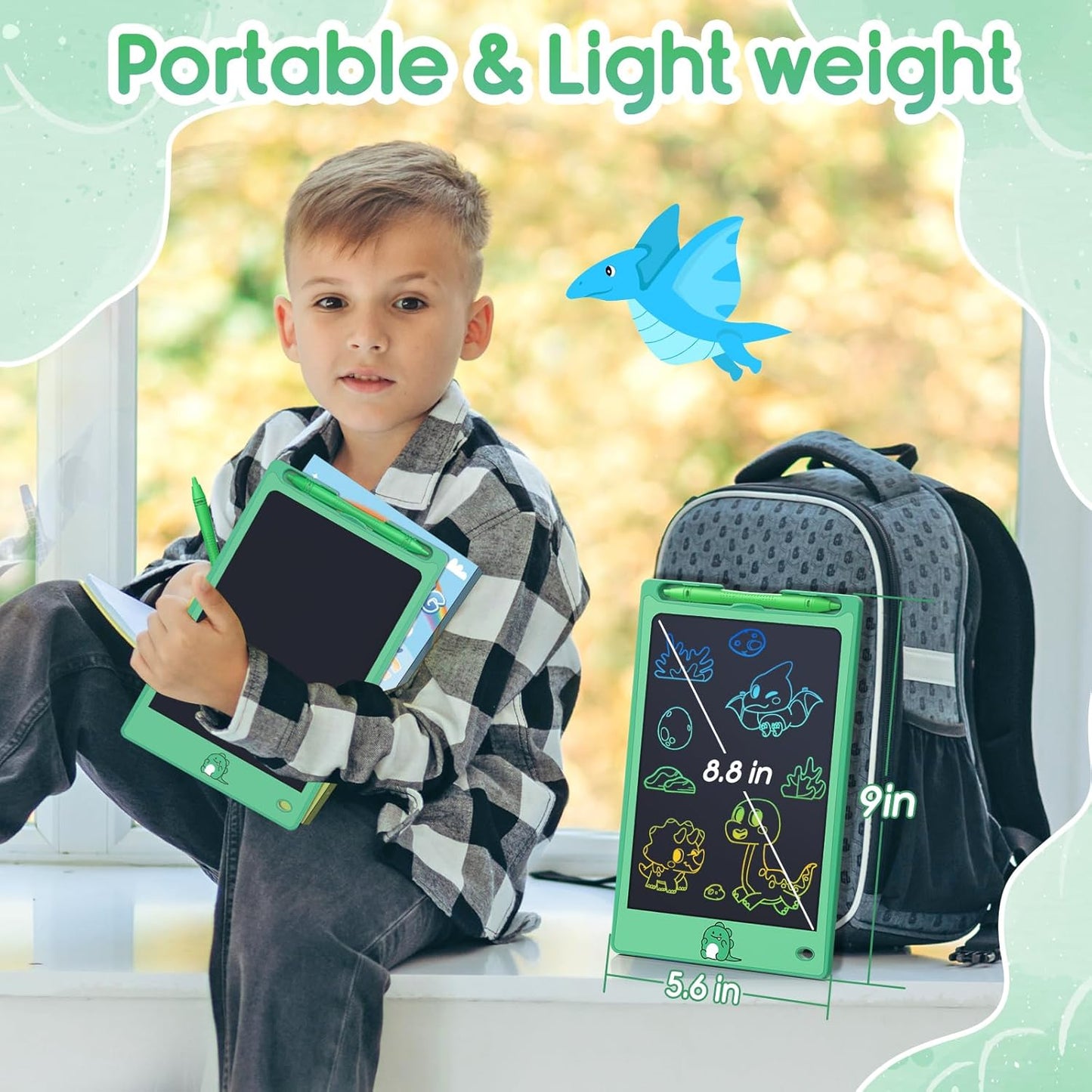 FLUESTON Toys LCD Writing Tablet Toddler,Toys for Boys Girls 3 4 5 6 7 8year,8.8 Inch 1pcs in 1 Pack Drawing Pad Toy Christmas Birthday Gift for Kids, Cute Dinosaur Drawing Tablet Doodle Board