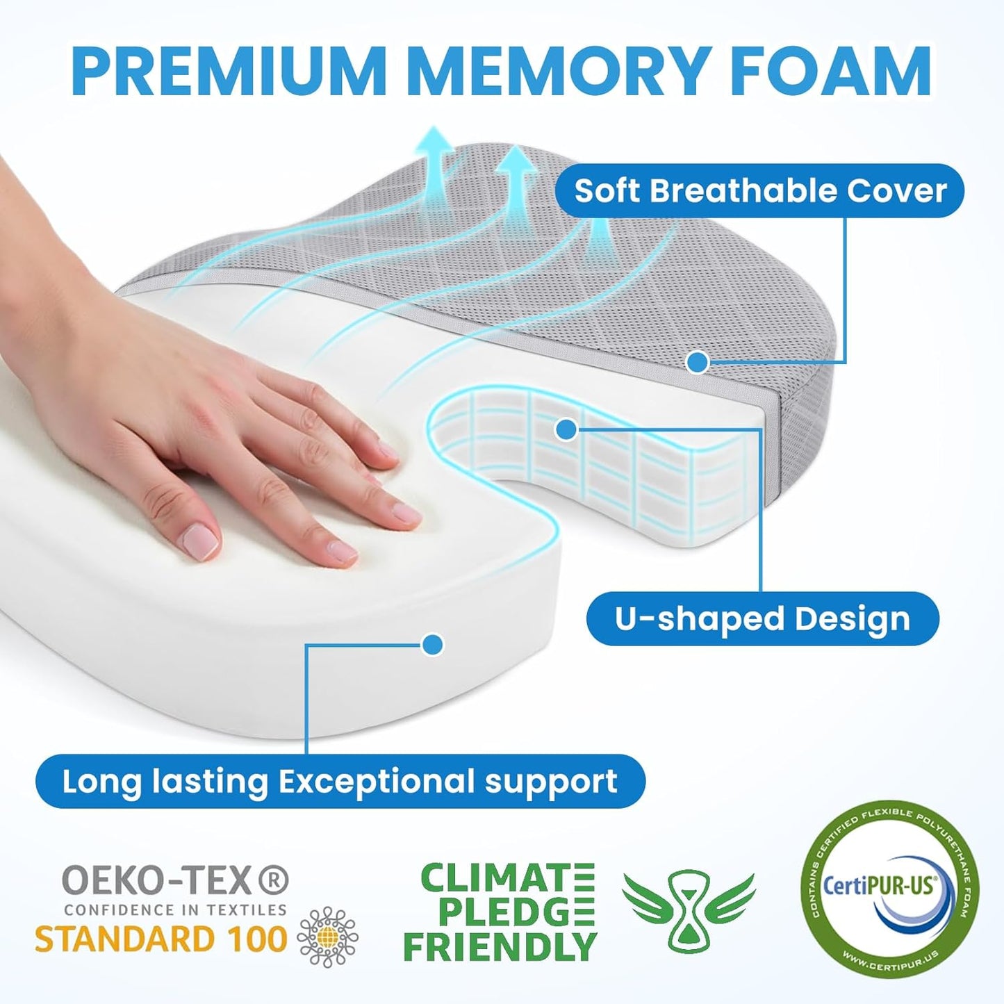 TushGuard Office/Car Seat Cushion, Non-Slip Sciatica & Back Coccyx Tailbone Pain Relief Chair Pad, Memory Foam Butt Pillow for Computer Desk, Wheelchair, Driving (Light Grey)