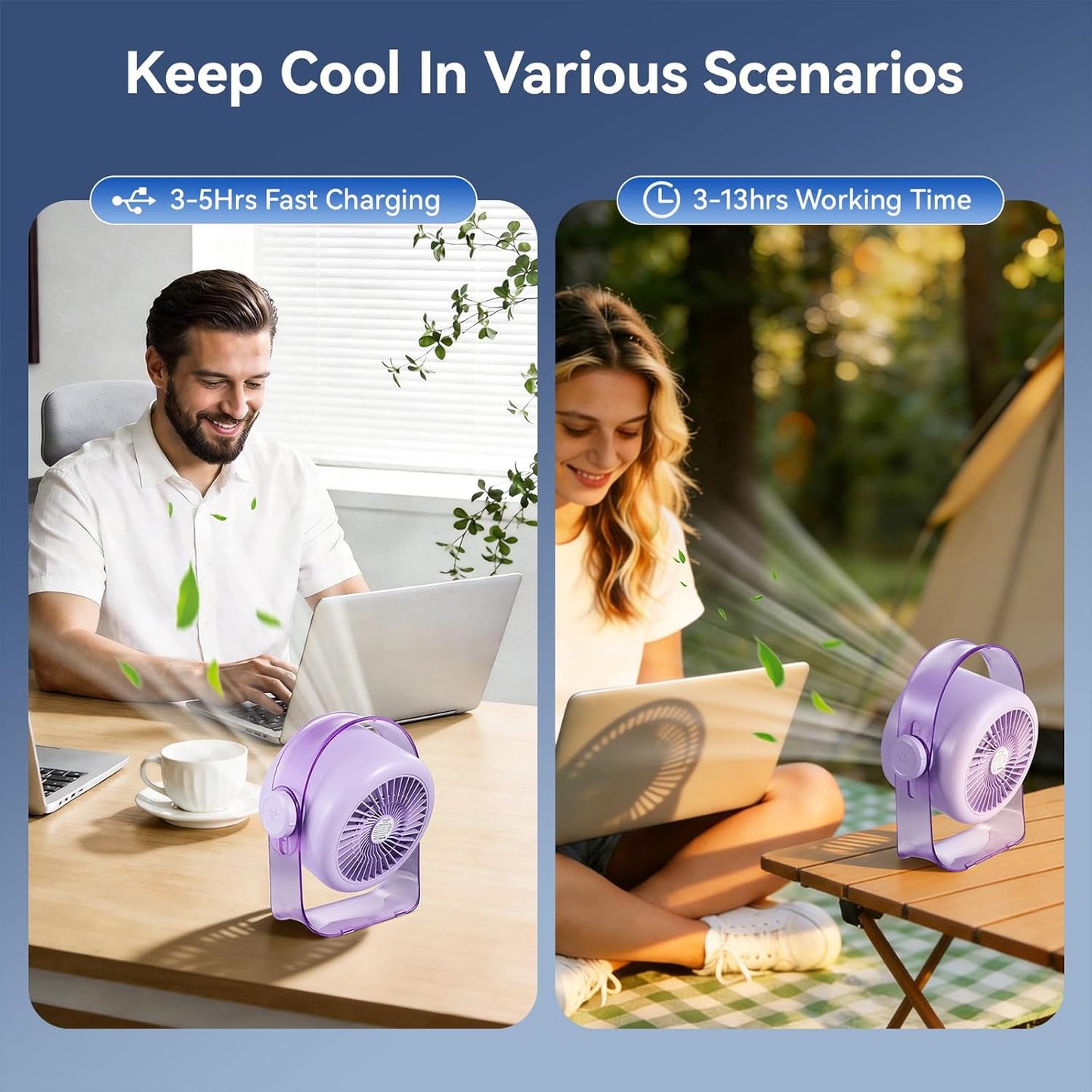 VAVOFO Desk Fan, Small Quiet LED Display Portable USB Fan, 180°Tilt, 100 Speeds, 5 Modes, Rechargeable 3600mAh Battery Operated Table Fans For Office, Bedroom, Outdoor（Purple）