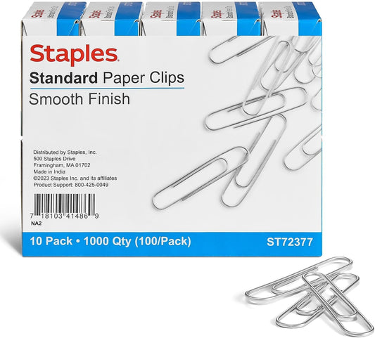 Staples Paper Clips, 1.25 Inch, Heavy-Duty Standard Smooth Paperclips for Office, School, Personal Use, 1,000-Pack, Silver