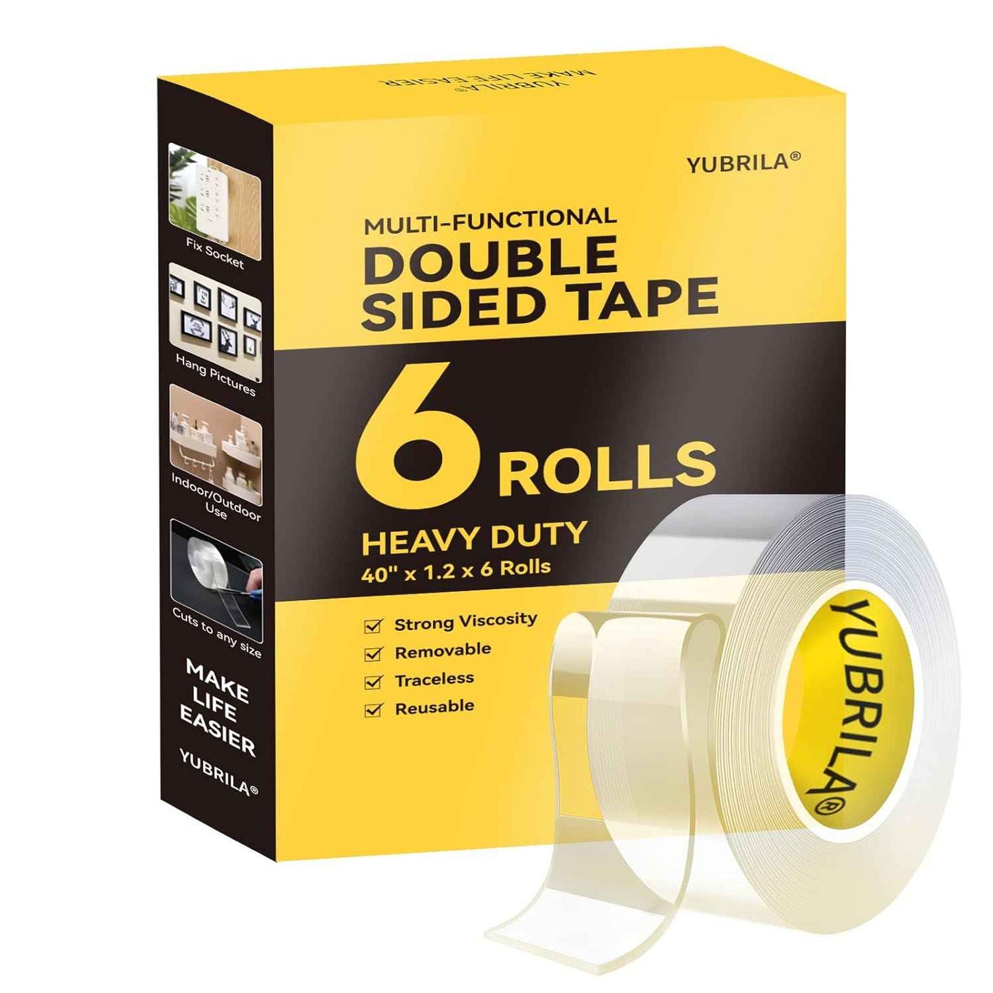 Double Sided Tape Heavy Duty,6 Rolls,No Damage Walls,Nano Mounting Tape,Strong Clear Adhesive Sticky Two Sided Hanging Strips for Walls Decor Picture Poster Indoor Removable Waterproof