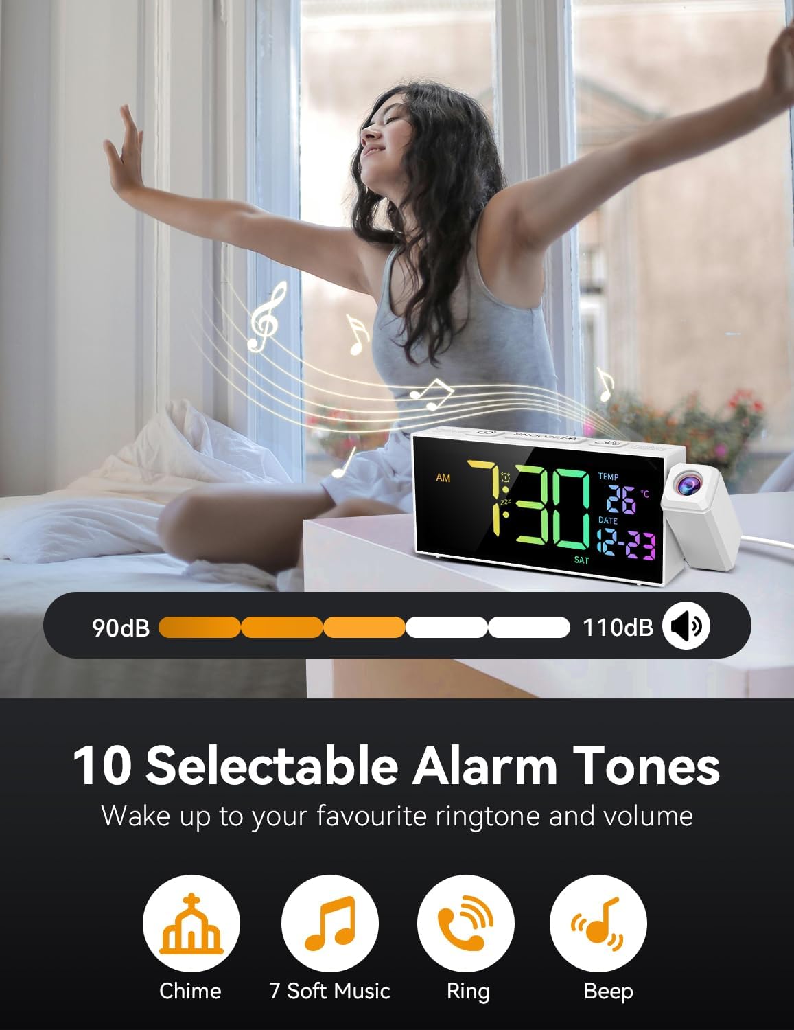 Netzu Projection Clock for Bedroom Ceiling, Alarm Clocks with 180° Rotatable Projector, Date Temperature and Weekday, Manual DST, 5 Brightness, 10 Ringtones, 4 Volumes (White RGB)