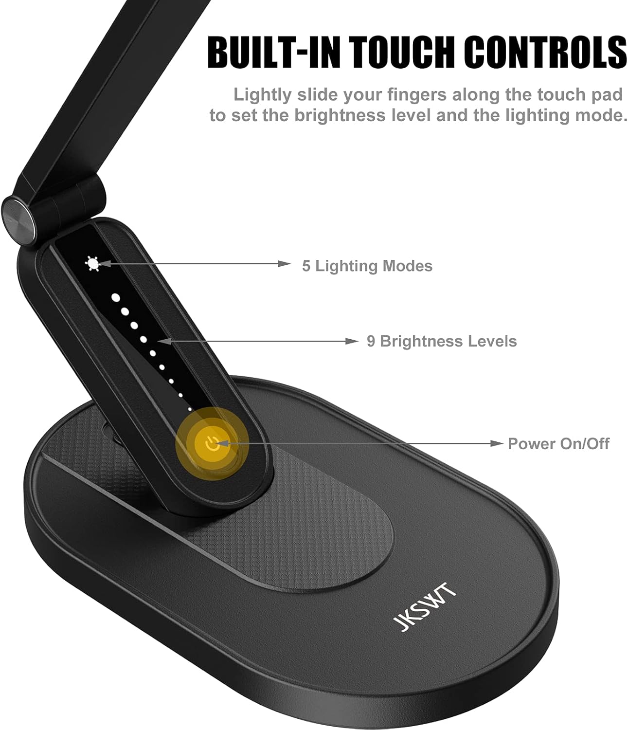 JKSWT LED Desk Lamp, Eye-Caring Table Lamps Natural Light Protects Eyes Dimmable Office Lamp with 5 Color Modes USB Charging Port Touch Control and Memory Function, 10W Reading Lamp,Black - Lumora Desk