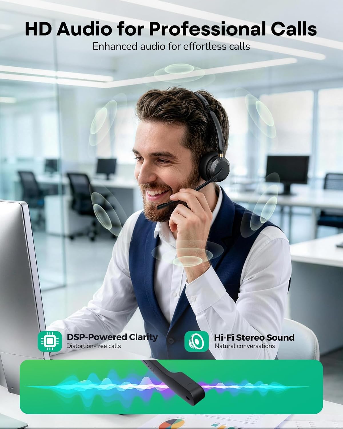 Wireless Headset with Mic for Work, AI ENC Noise Cancelling for Clear Call & Meeting, Single Ear Work Headset with Charge Stand for Remote & Office. Bluetooth 5.3 & USB 2.4G Dongle for Zoom & Teams