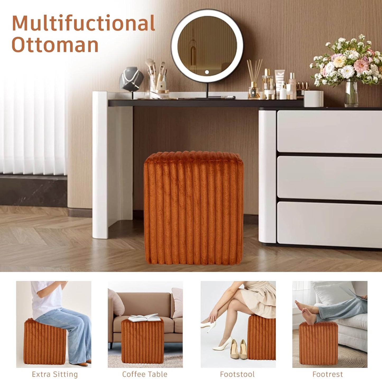 Modern Square Ottoman 2Pcs, Vertical Channel Tufted Foot Stool Ottoman, Velvet Upholstered Vanity Stool for Makeup, Bedroom, Living Room, Dark Orange