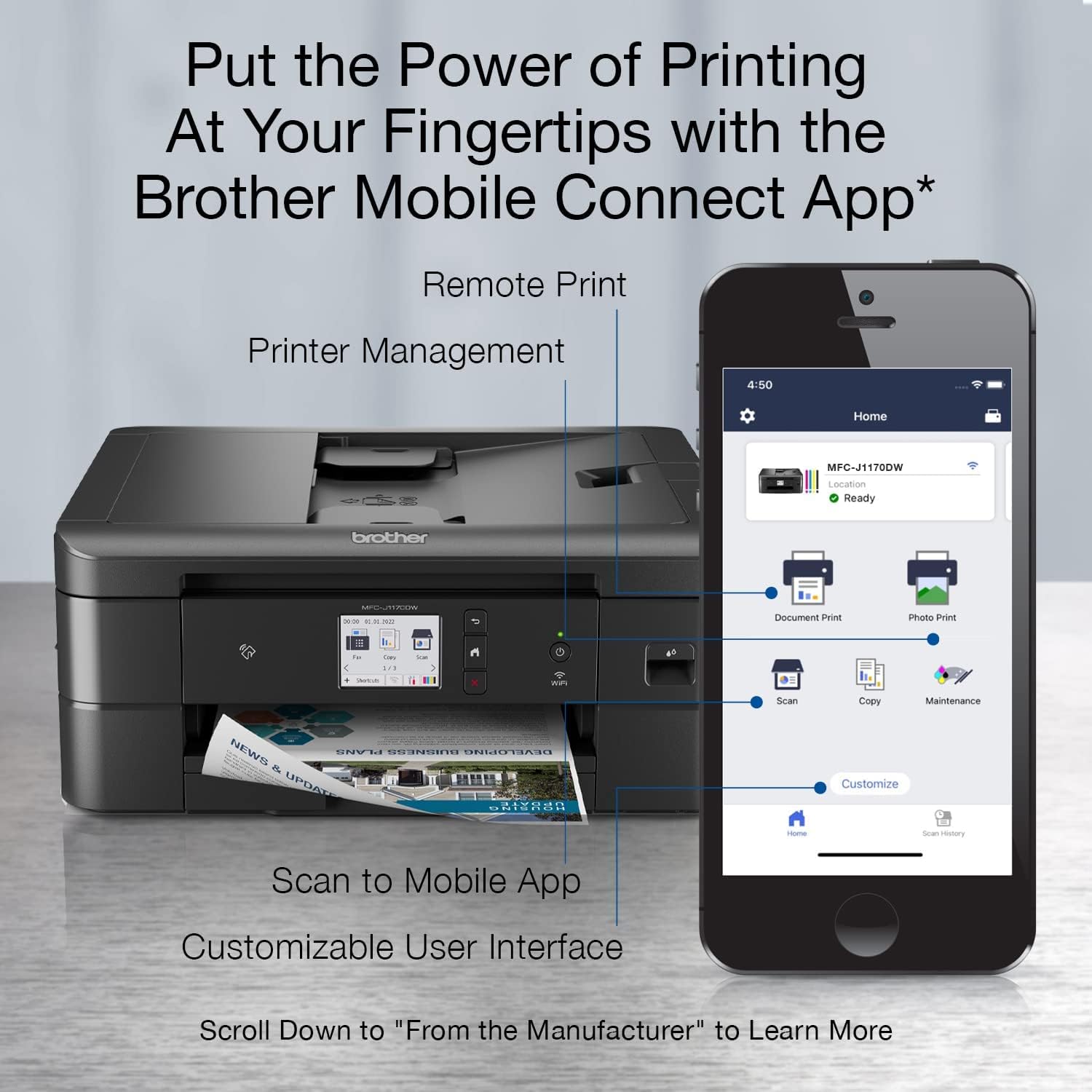 Brother MFC-J1170DW Wireless Color Inkjet All-in-One Printer, NFC One-Touch Print, Duplex, Cloud Print & Scan, Mobile App Control, 2.7" Touchscreen, Works with Alexa - Lumora Desk
